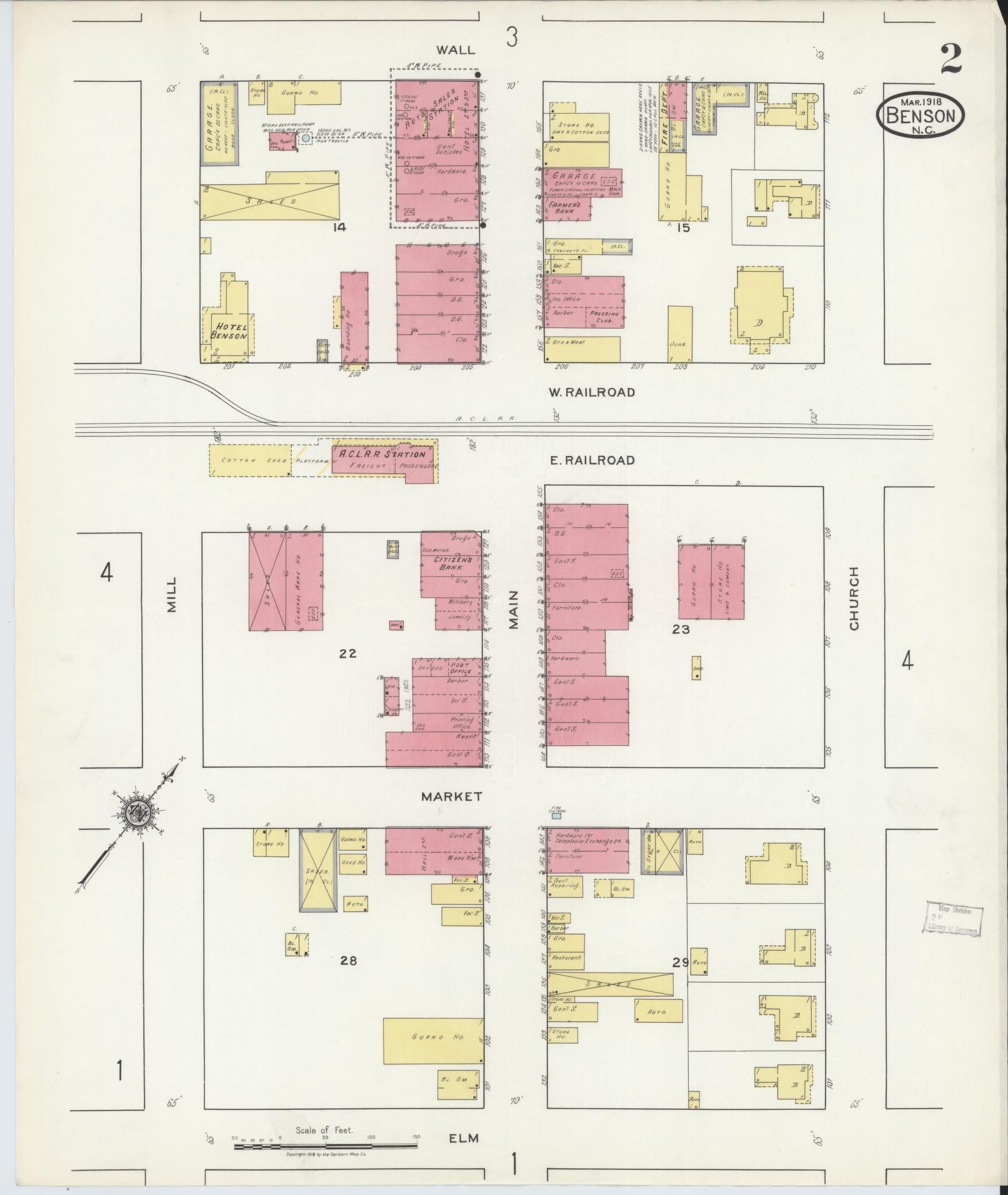 Sanborn Fire Insurance Map from Benson, Johnson County, North Carolina (1918), Sheet #0002 - Complete Map Set gallery image, historic Sanborn map, vintage wall art, North Carolina North Carolina