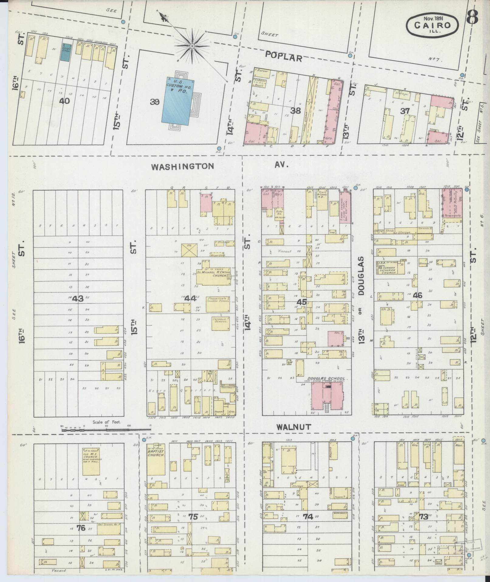 Sanborn Fire Insurance Map from Cairo, Alexander County, Illinois (1891), Sheet #0008 - Complete Map Set gallery image, historic Sanborn map, vintage wall art, Illinois Illinois