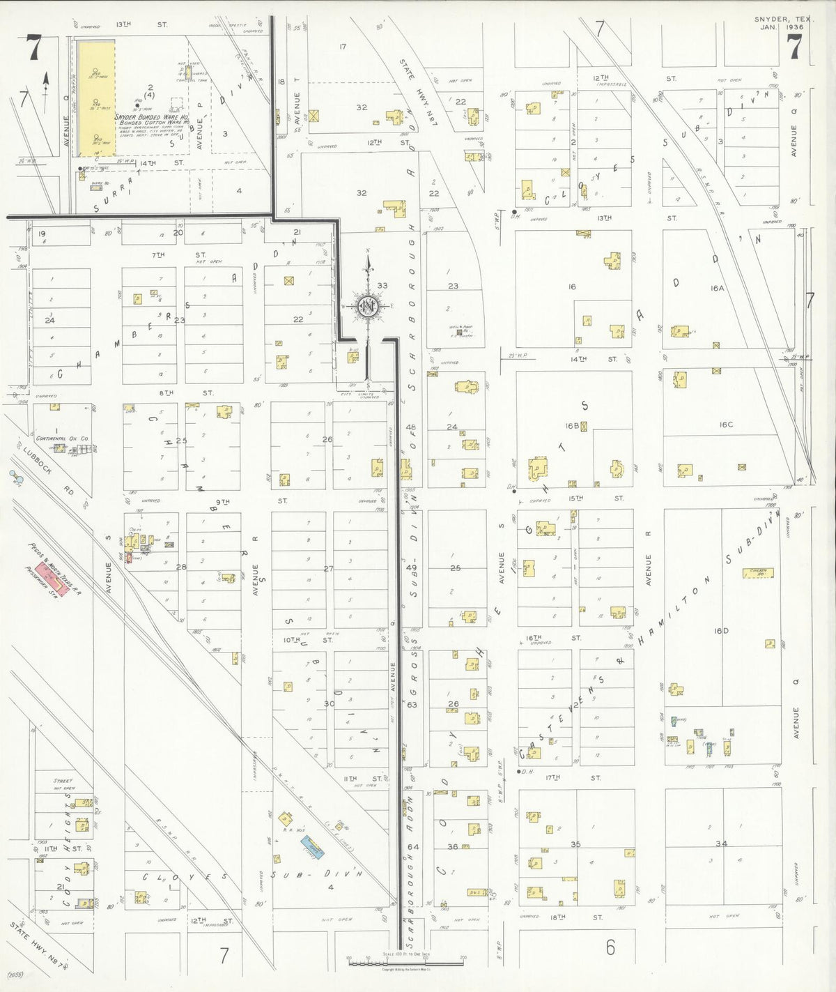 Sanborn Fire Insurance Map from Snyder, Scurry County, Texas (1936), Sheet #0007 - Historic Sanborn Fire Insurance Map Print, vintage old map wall art, antique decor, genealogy gift, Texas Texas map