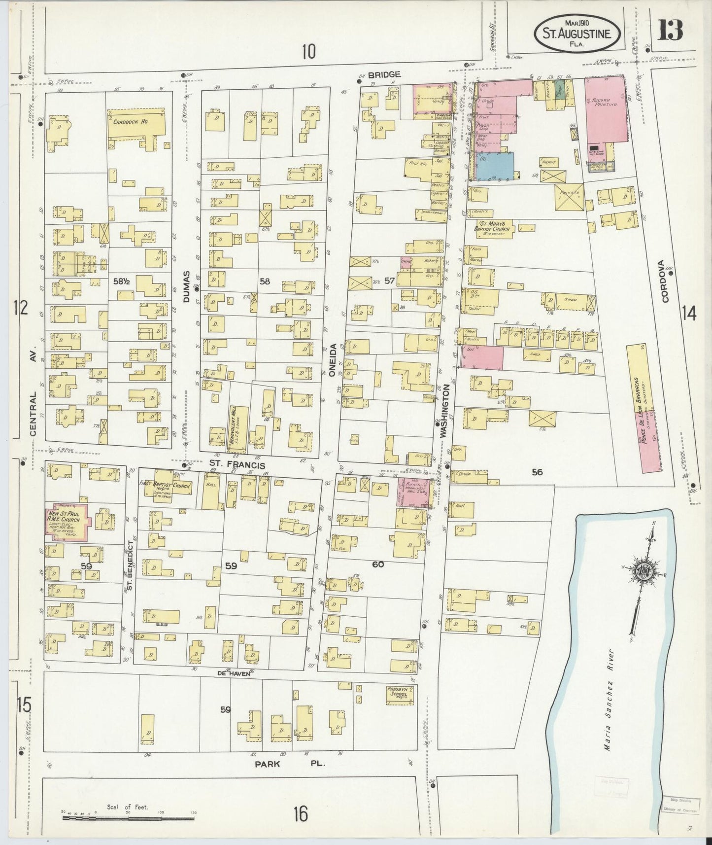 Sanborn Fire Insurance Map from Saint Augustine, Saint John's County, Florida (1910), Sheet #0013 - Complete Map Set gallery image, historic Sanborn map, vintage wall art, Florida Florida