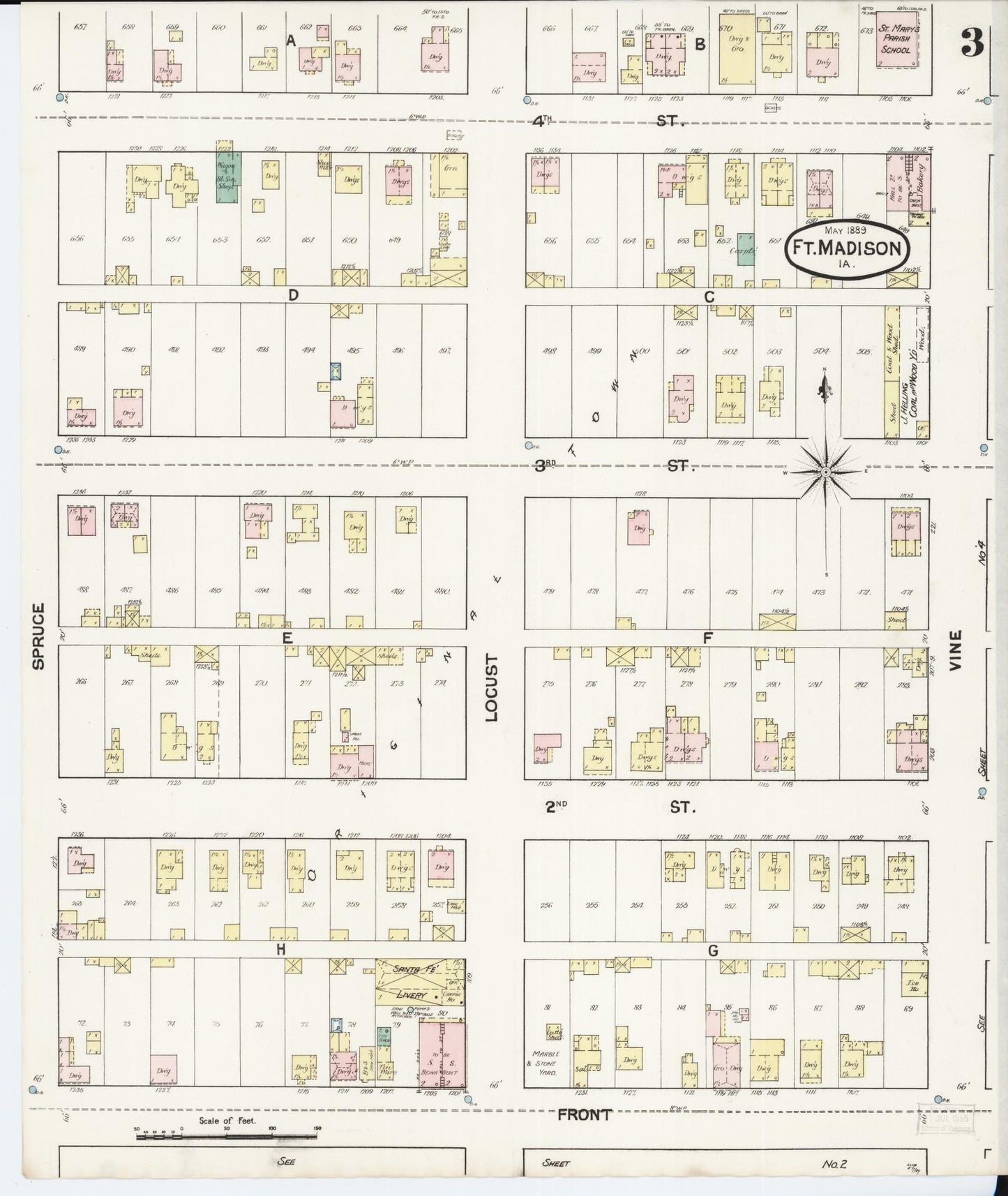 Sanborn Fire Insurance Map from Fort Madison, Lee County, Iowa (1889), Sheet #0003 - Historic Sanborn Fire Insurance Map Print, vintage old map wall art