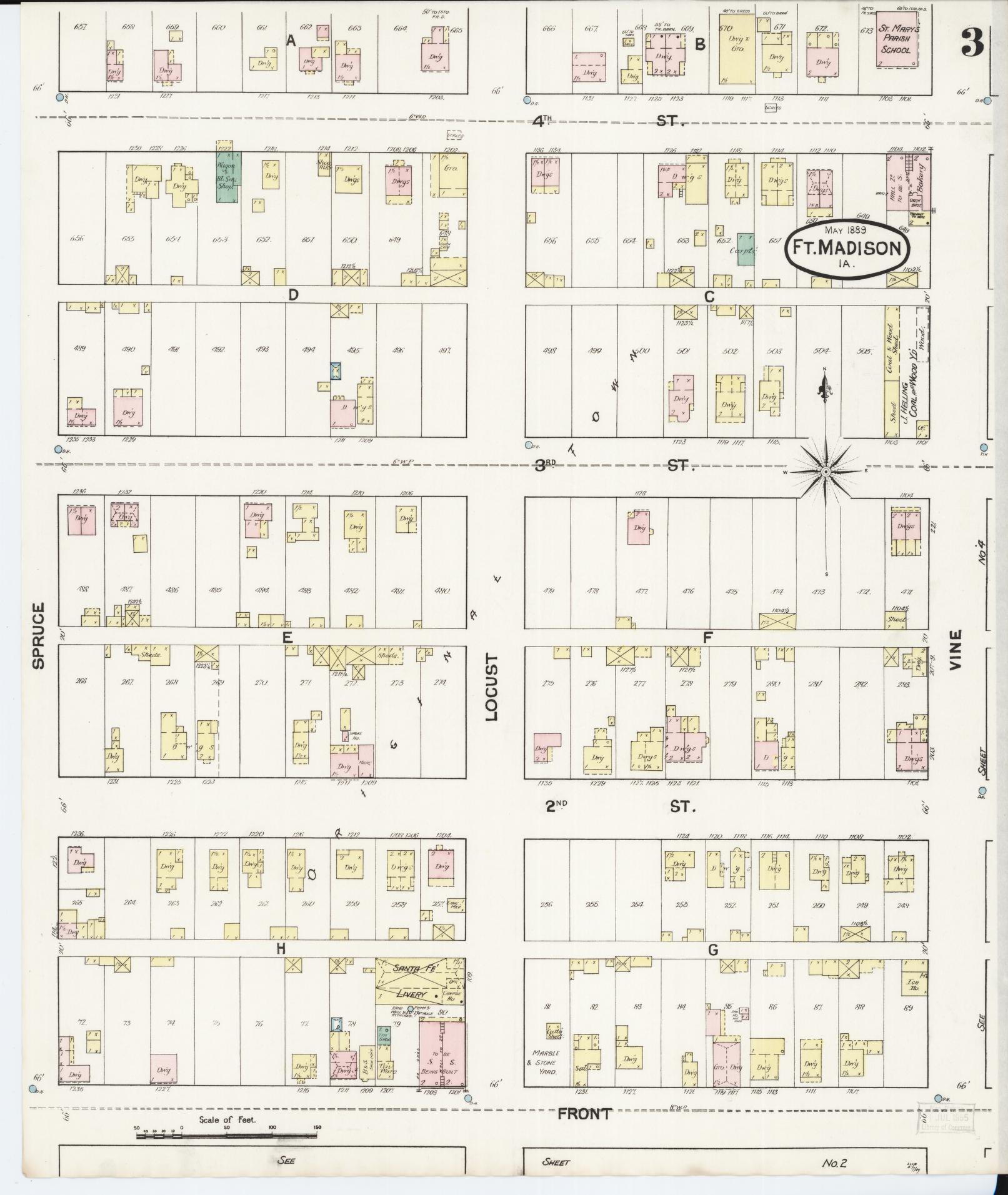 Sanborn Fire Insurance Map from Fort Madison, Lee County, Iowa (1889), Sheet #0003 - Historic Sanborn Fire Insurance Map Print, vintage old map wall art