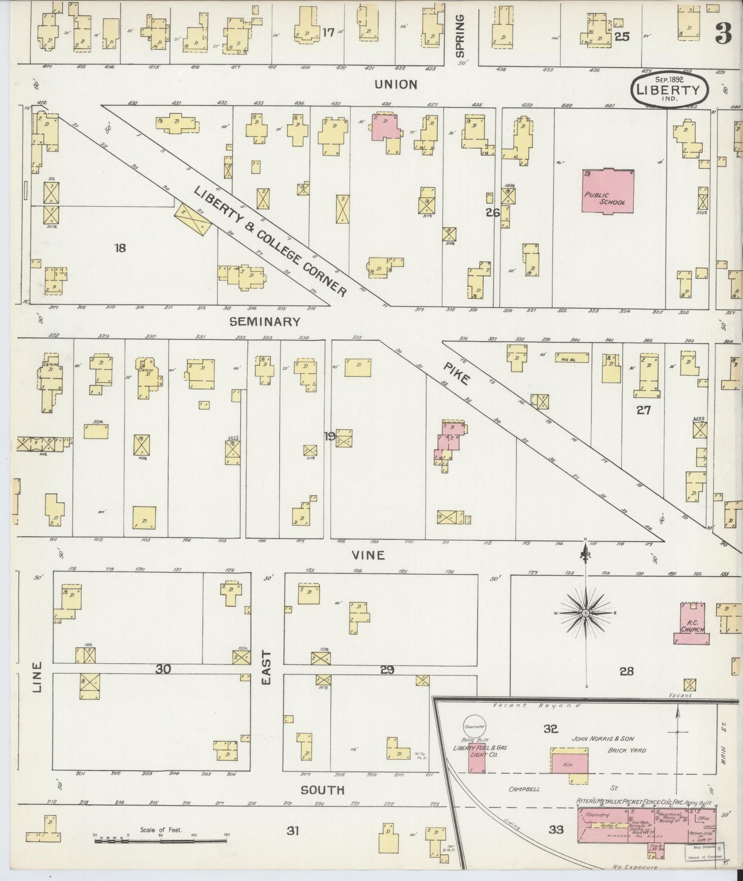 Sanborn Fire Insurance Map from Liberty, Union County, Indiana (1892), Sheet #0003 - Complete Map Set gallery image, historic Sanborn map, vintage wall art, Indiana Indiana