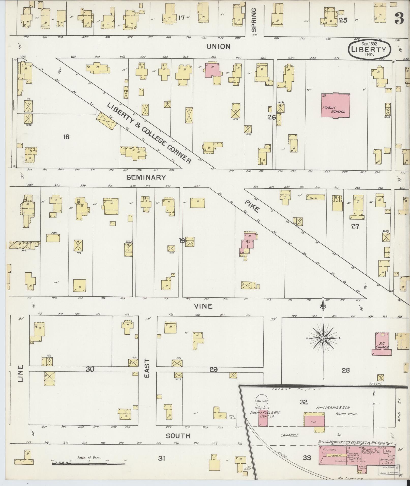 Sanborn Fire Insurance Map from Liberty, Union County, Indiana (1892), Sheet #0003 - Complete Map Set gallery image, historic Sanborn map, vintage wall art, Indiana Indiana