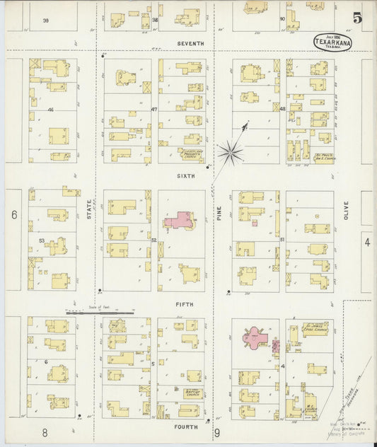 Sanborn Fire Insurance Map from Texarkana, Bowie County, Texas (1896), Sheet #0005 - Historic Sanborn Fire Insurance Map Print, vintage old map wall art, antique decor, genealogy gift, Texas Texas map