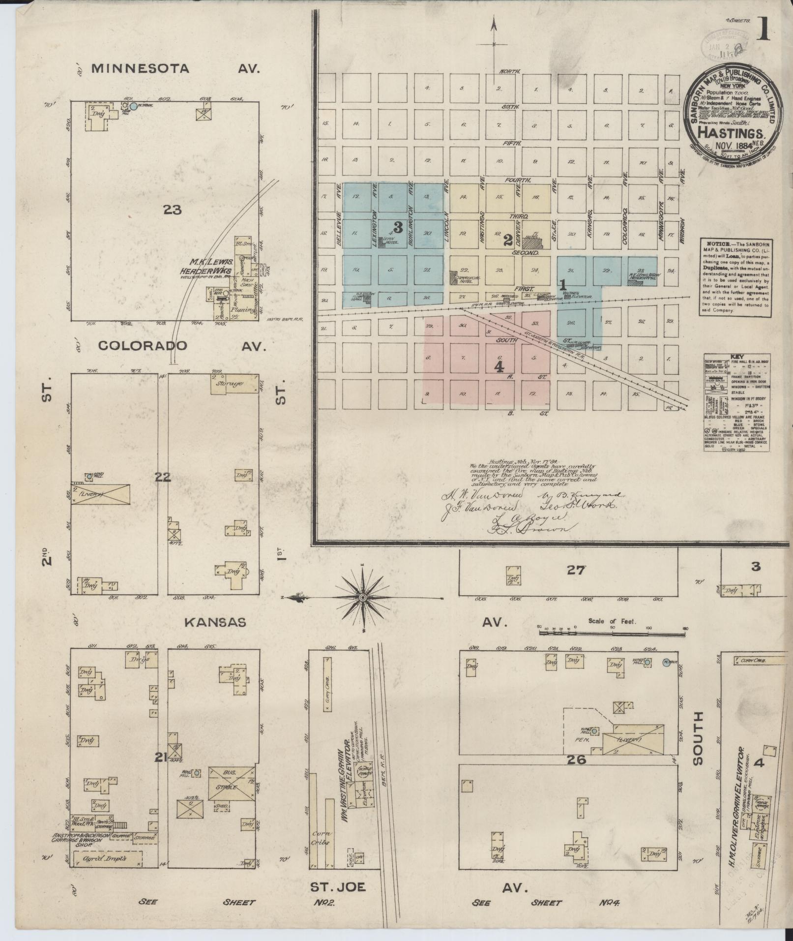 Sanborn Fire Insurance Map from Hastings, Adams County, Nebraska (1884), Sheet #0001 - Historic Sanborn Fire Insurance Map Print, vintage old map wall art, antique decor, genealogy gift, Nebraska Nebraska map