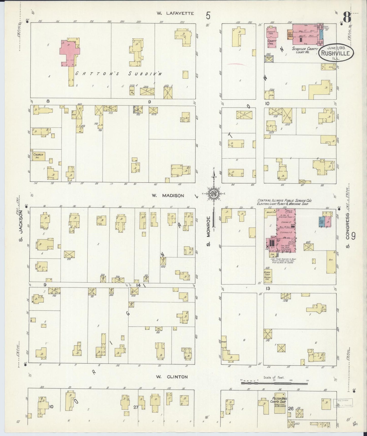 Sanborn Fire Insurance Map from Rushville, Schuyler County, Illinois (1913), Sheet #0008 - Complete Map Set gallery image, historic Sanborn map, vintage wall art, Illinois Illinois