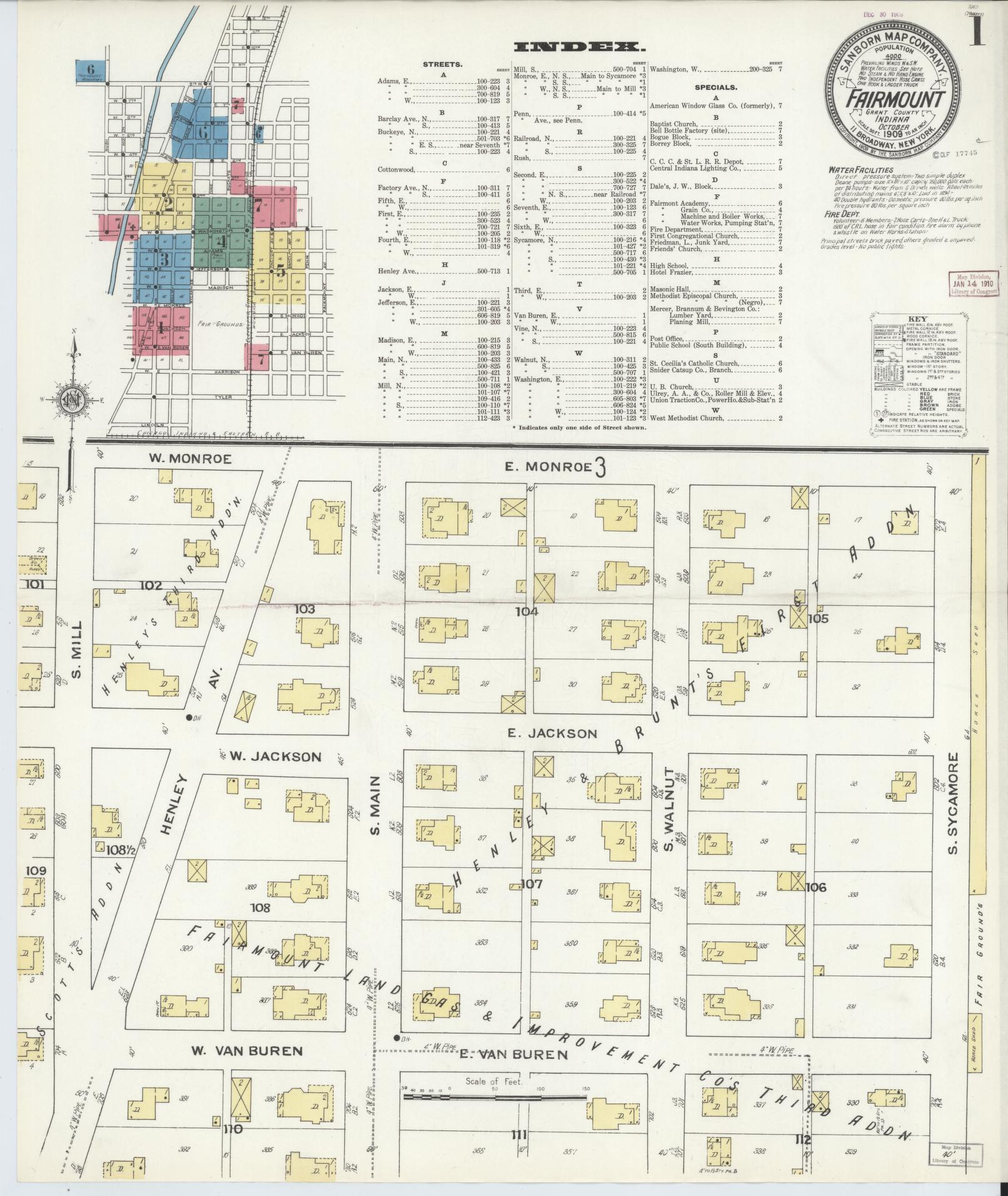 Sanborn Fire Insurance Map from Fairmount, Grant County, Indiana (1909), Sheet #0001 - Historic Sanborn Fire Insurance Map Print, vintage old map wall art, antique decor, genealogy gift, Indiana Indiana map