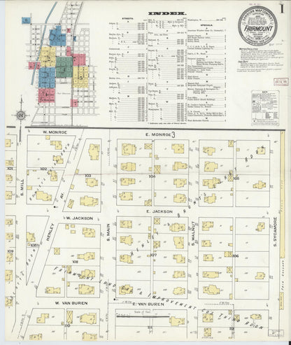Sanborn Fire Insurance Map from Fairmount, Grant County, Indiana (1909), Sheet #0001 - Historic Sanborn Fire Insurance Map Print, vintage old map wall art, antique decor, genealogy gift, Indiana Indiana map
