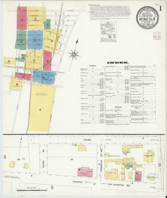 Sanborn Fire Insurance Map from Mineola, Nassau County, New York (1908), Sheet #0001 - Historic Sanborn Fire Insurance Map Print, vintage old map wall art, antique decor, genealogy gift, New York New York map