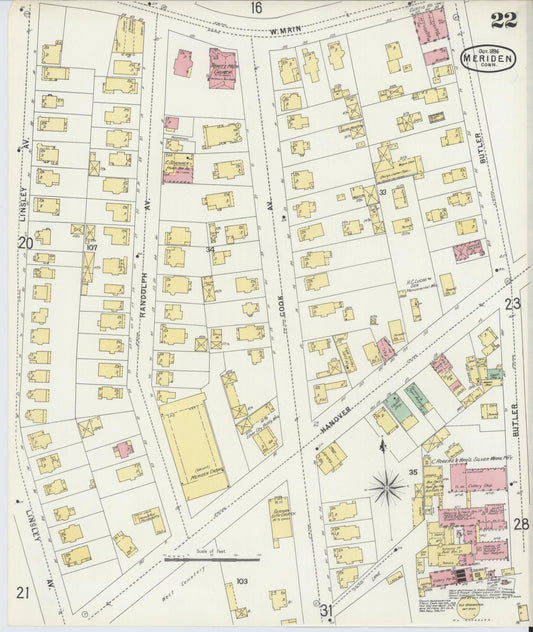 Sanborn Fire Insurance Map from Meriden, New Haven County, Connecticut (1896), Sheet #0022 - Historic Sanborn Fire Insurance Map Print, vintage old map wall art, antique decor, genealogy gift, Connecticut Connecticut map
