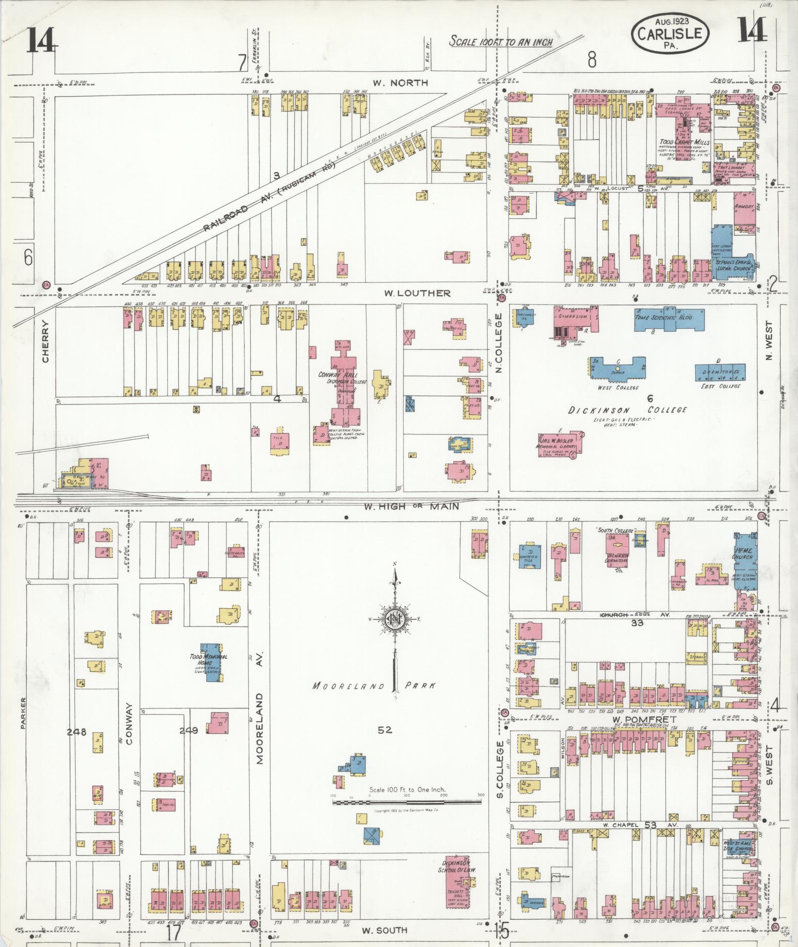 Sanborn Fire Insurance Map from Carlisle, Cumberland County, Pennsylvania (1923), Sheet #0014 - Historic Sanborn Fire Insurance Map Print, vintage old map wall art, antique decor, genealogy gift, Pennsylvania Pennsylvania map