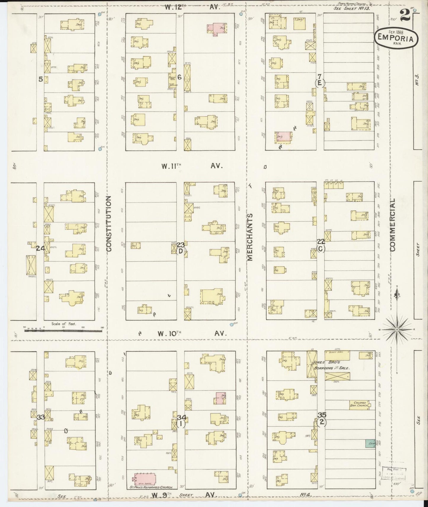 Sanborn Fire Insurance Map from Emporia, Lyon County, Kansas (1888), Sheet #0002 - Complete Map Set gallery image, historic Sanborn map, vintage wall art, Kansas Kansas