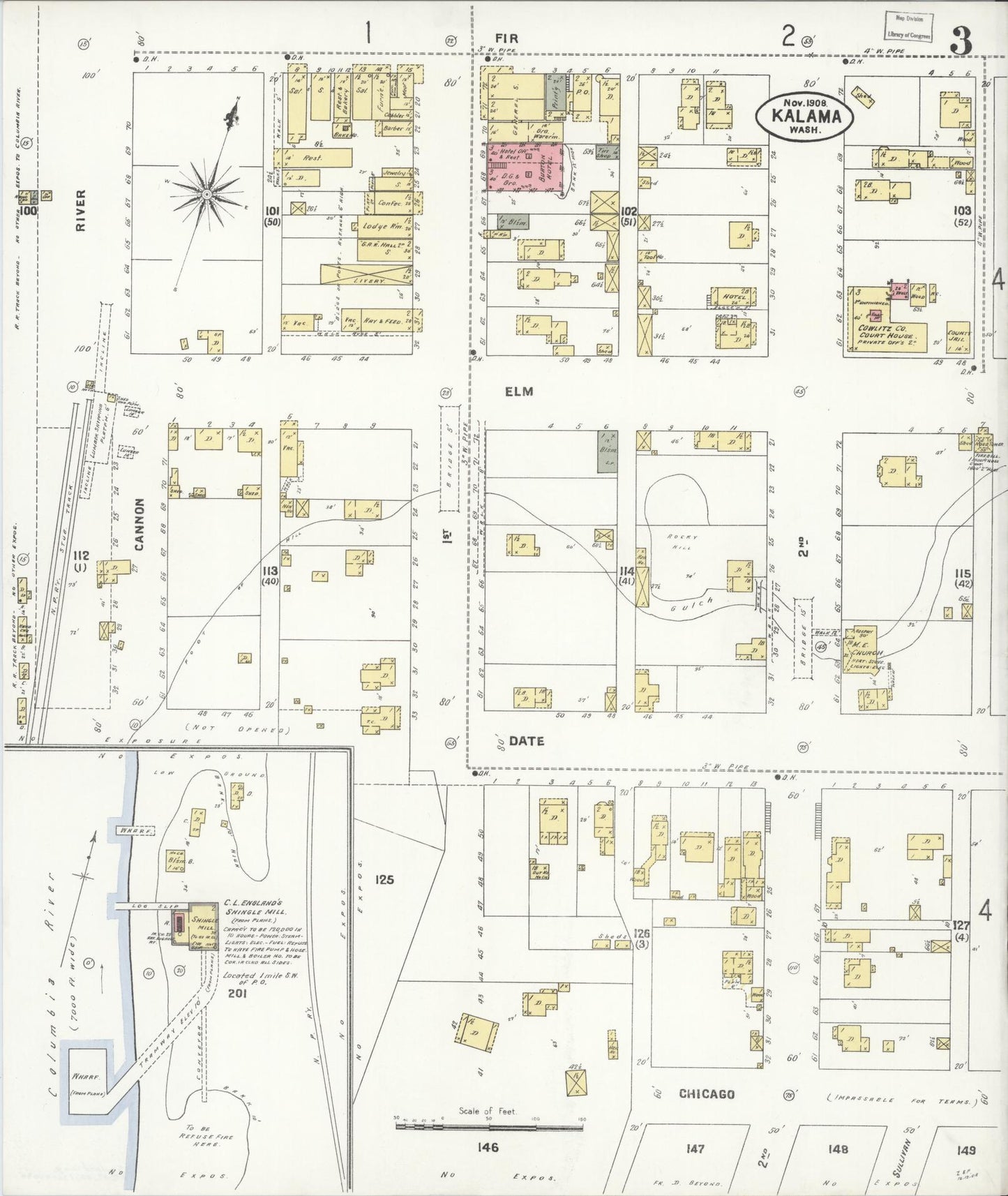 Sanborn Fire Insurance Map from Kalama, Cowlitz County, Washington (1908), Sheet #0003 - Complete Map Set gallery image, historic Sanborn map, vintage wall art, Washington Washington