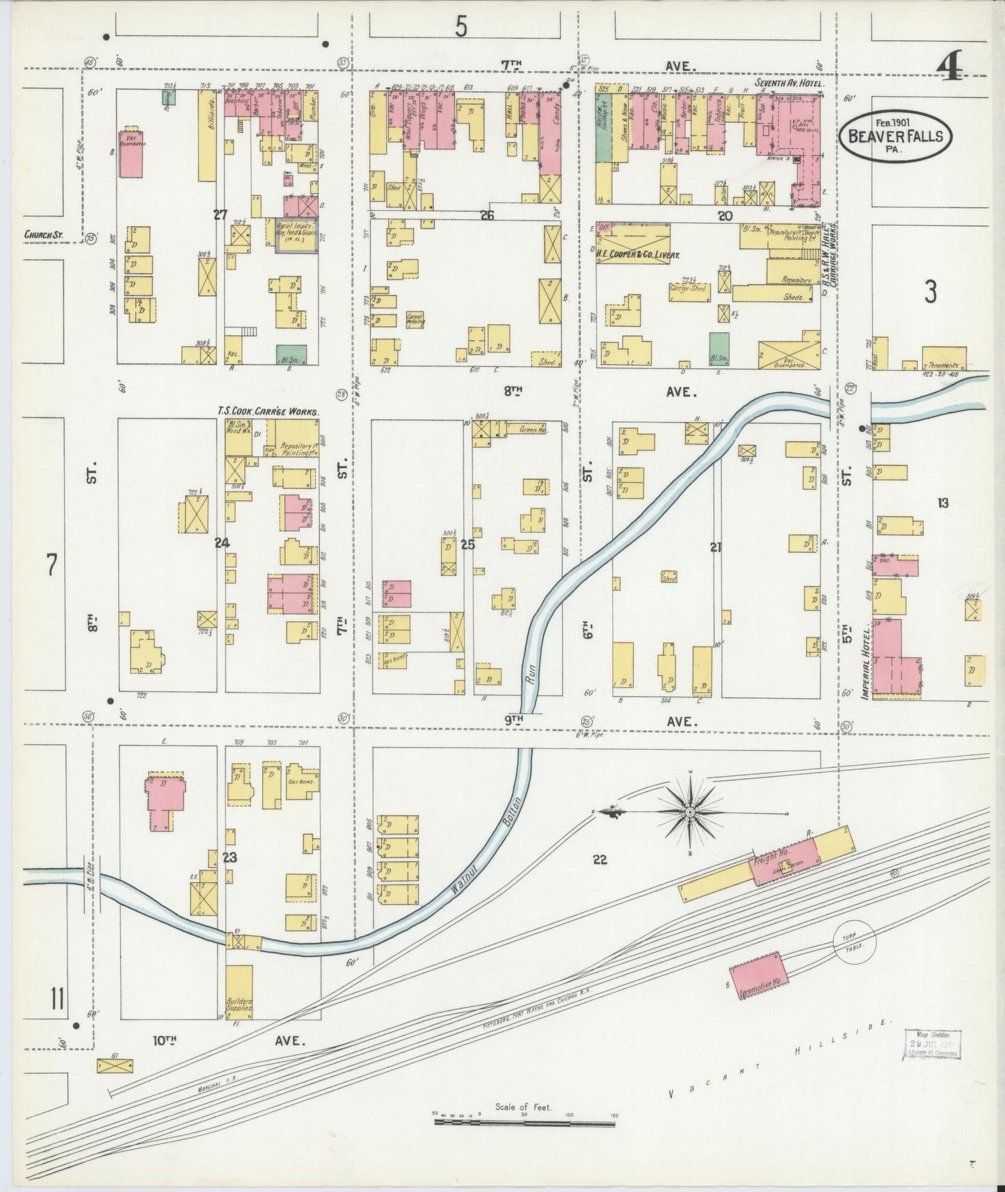 Sanborn Fire Insurance Map from Beaver Falls, Beaver County, Pennsylvania (1901), Sheet #0004 - Historic Sanborn Fire Insurance Map Print, vintage old map wall art, antique decor, genealogy gift, Pennsylvania Pennsylvania map