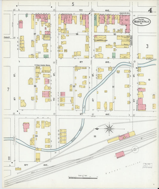 Sanborn Fire Insurance Map from Beaver Falls, Beaver County, Pennsylvania (1901), Sheet #0004 - Historic Sanborn Fire Insurance Map Print, vintage old map wall art, antique decor, genealogy gift, Pennsylvania Pennsylvania map