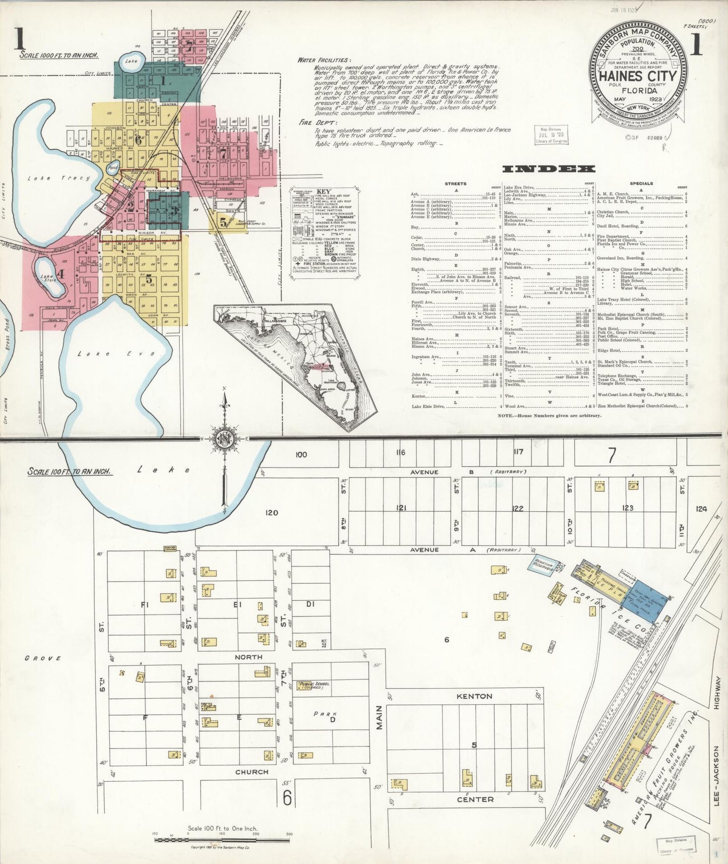 Sanborn Fire Insurance Map from Haines City, Polk County, Florida (1923), Sheet #0001 - Complete Map Set gallery image, historic Sanborn map, vintage wall art, Florida Florida