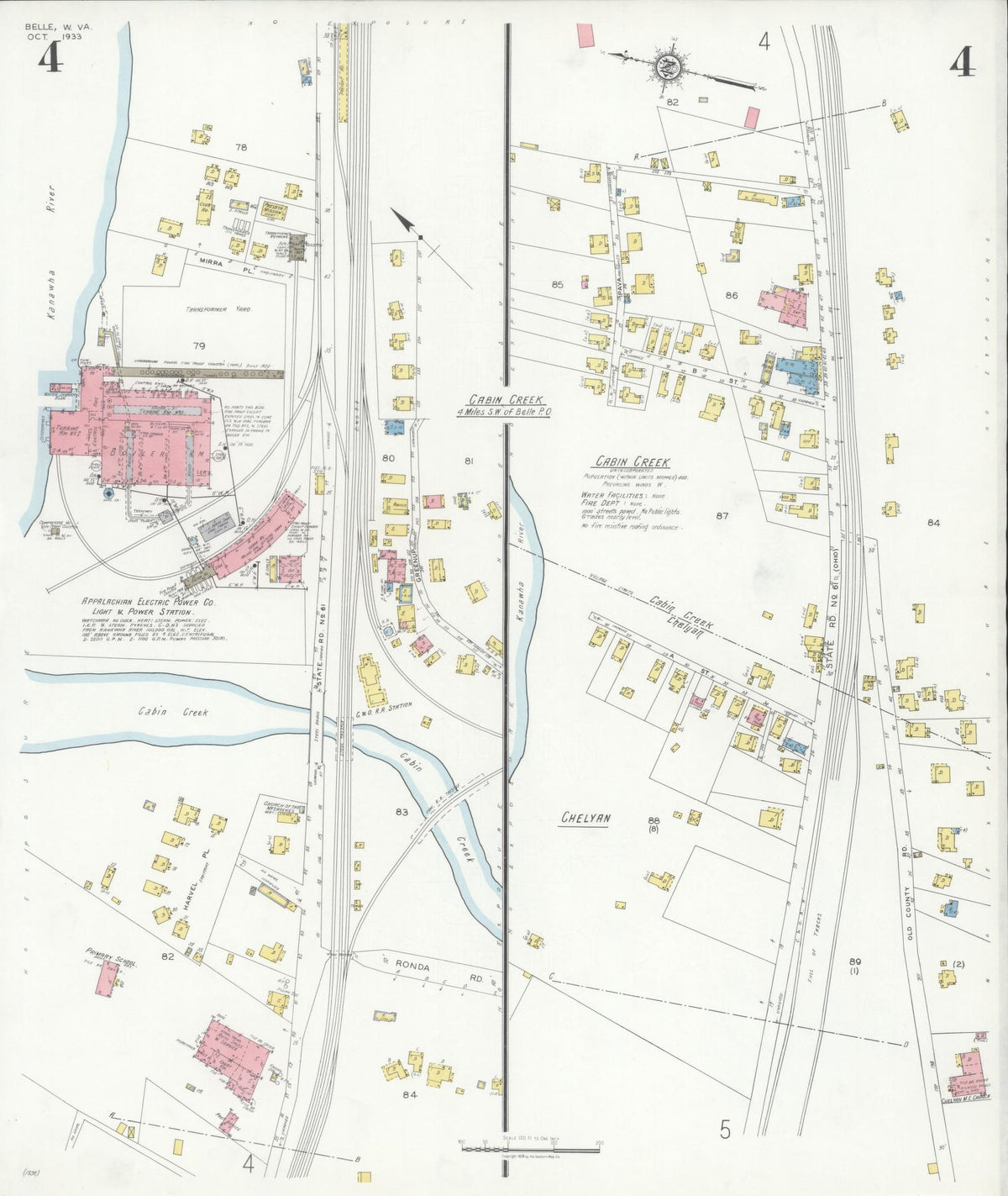 Sanborn Fire Insurance Map from Belle, Kanawha County, West Virginia (1933), Sheet #0004 - Historic Sanborn Fire Insurance Map Print, vintage old map wall art, antique decor, genealogy gift, West Virginia West Virginia map