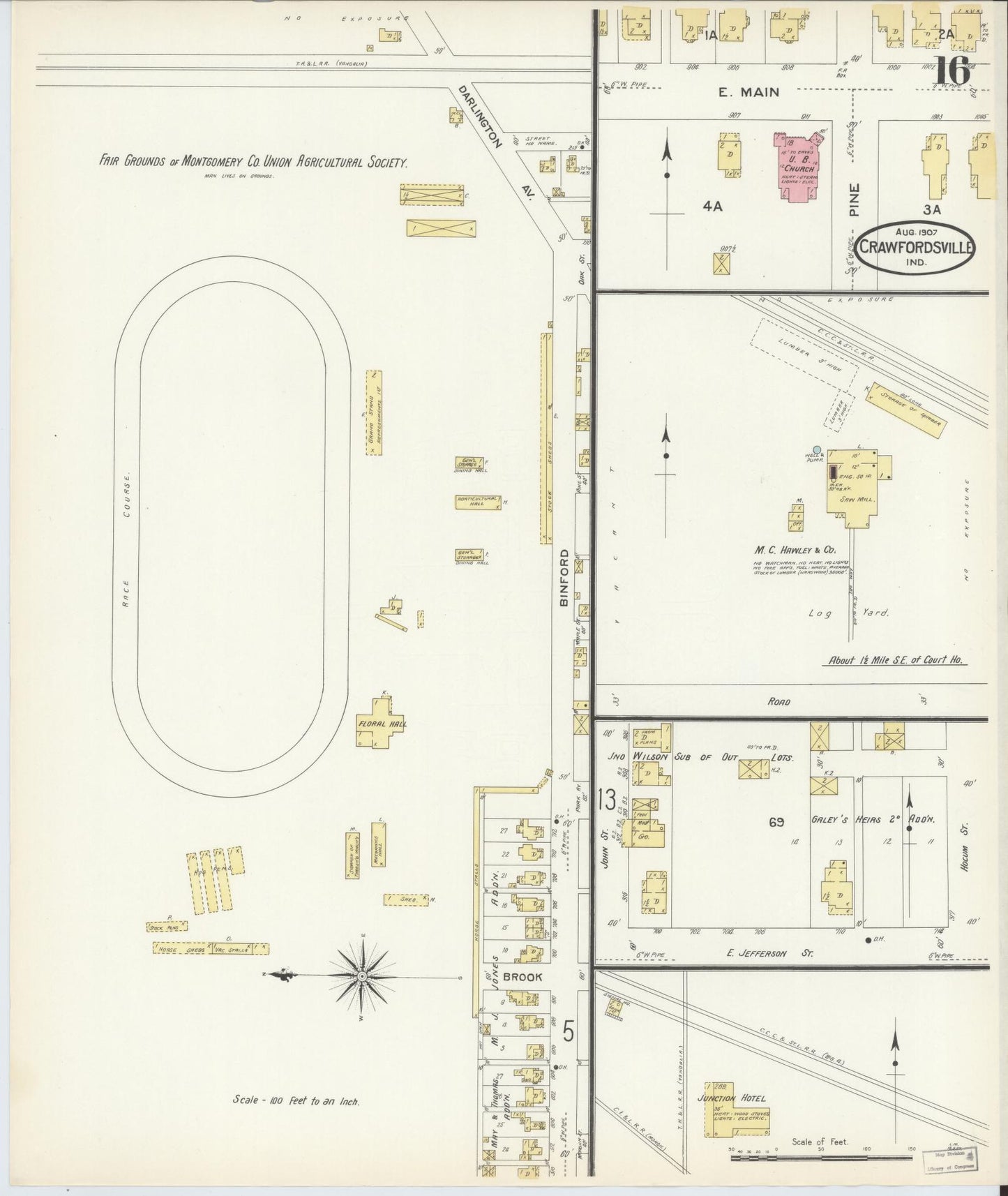 Sanborn Fire Insurance Map from Crawfordsville, Montgomery County, Indiana (1907), Sheet #0016 - Complete Map Set gallery image, historic Sanborn map, vintage wall art, Indiana Indiana