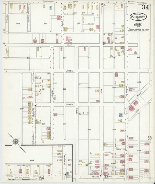 Sanborn Fire Insurance Map from Pottstown, Montgomery County, Pennsylvania (1916), Sheet #0034 - Historic Sanborn Fire Insurance Map Print, vintage old map wall art, antique decor, genealogy gift, Pennsylvania Pennsylvania map