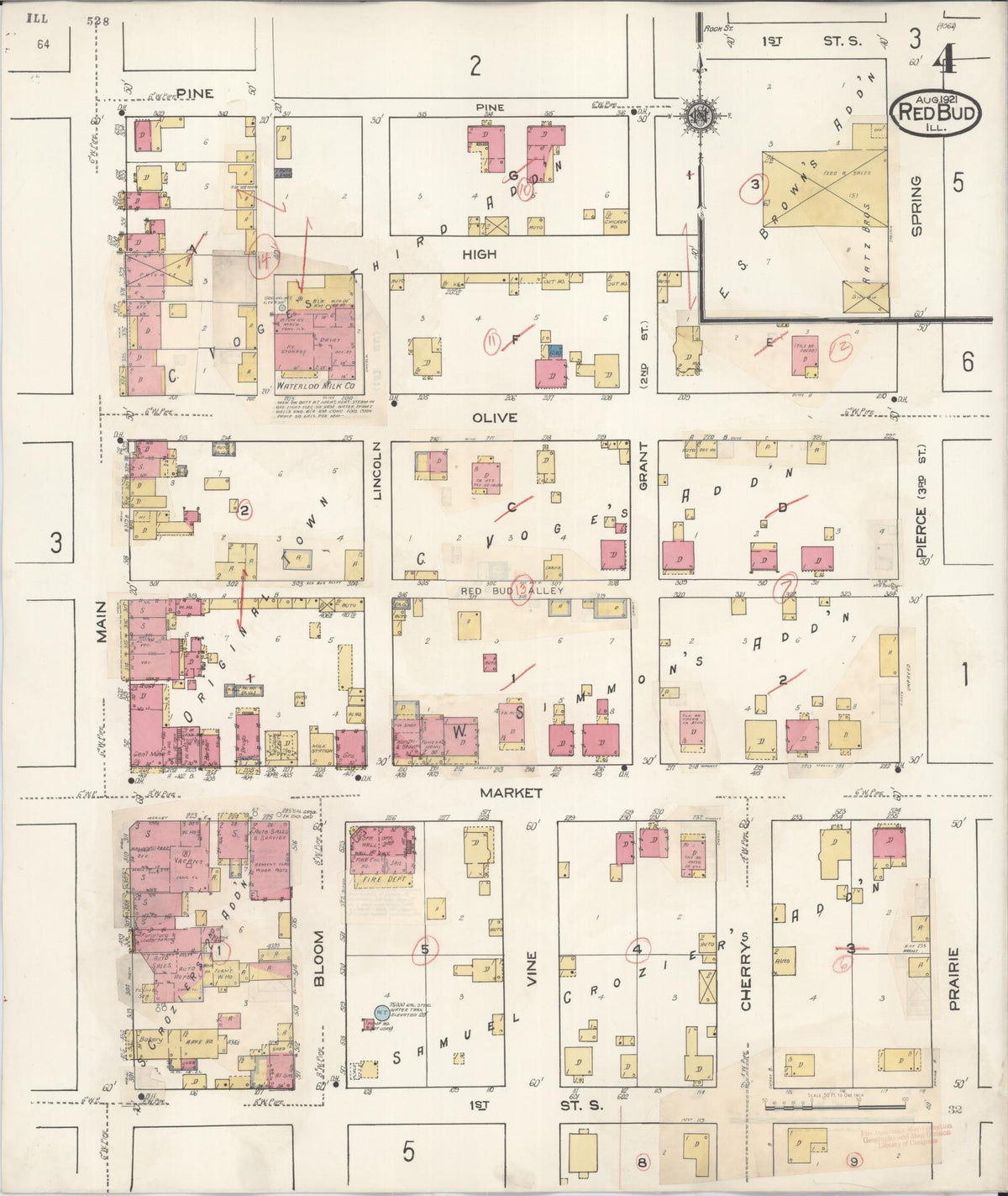 Sanborn Fire Insurance Map from Red Bud, Randolph County, Illinois (1932), Sheet #0004 - Historic Sanborn Fire Insurance Map Print, vintage old map wall art, antique decor, genealogy gift, Illinois Illinois map
