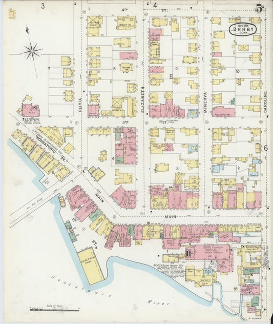 Sanborn Fire Insurance Map from Derby, New Haven County, Connecticut (1896), Sheet #0005 - Historic Sanborn Fire Insurance Map Print, vintage old map wall art, antique decor, genealogy gift, Connecticut Connecticut map