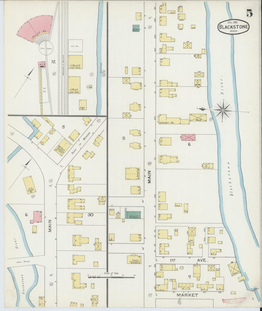 Sanborn Fire Insurance Map from Blackstone, Worcester County, Massachusetts (1893), Sheet #0005 - Historic Sanborn Fire Insurance Map Print, vintage old map wall art, antique decor, genealogy gift, Massachusetts Massachusetts map