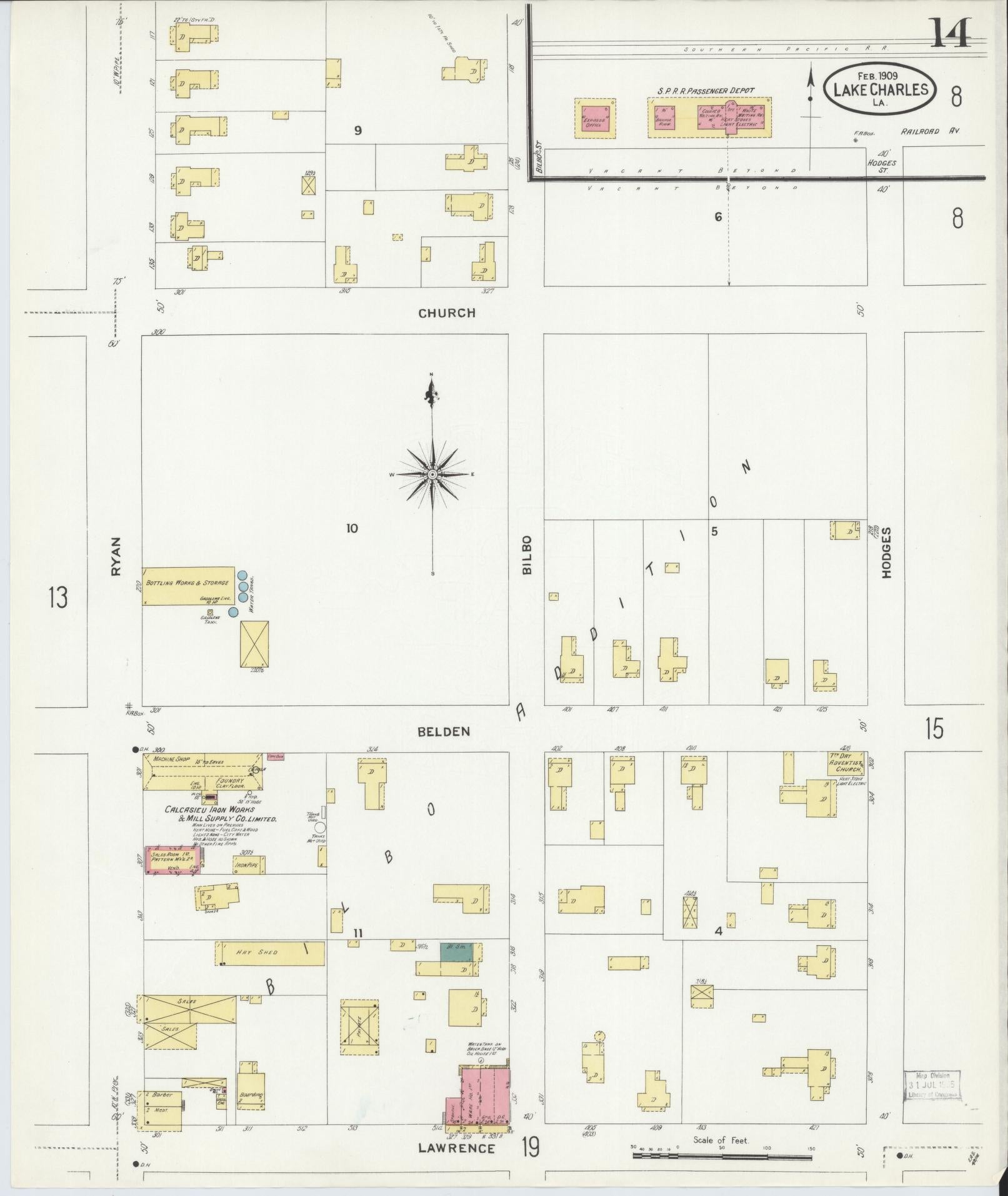 Sanborn Fire Insurance Map from Lake Charles, Calcasieu Parish, Louisiana (1909), Sheet #0014 - Historic Sanborn Fire Insurance Map Print, vintage old map wall art, antique decor, genealogy gift, Louisiana Louisiana map