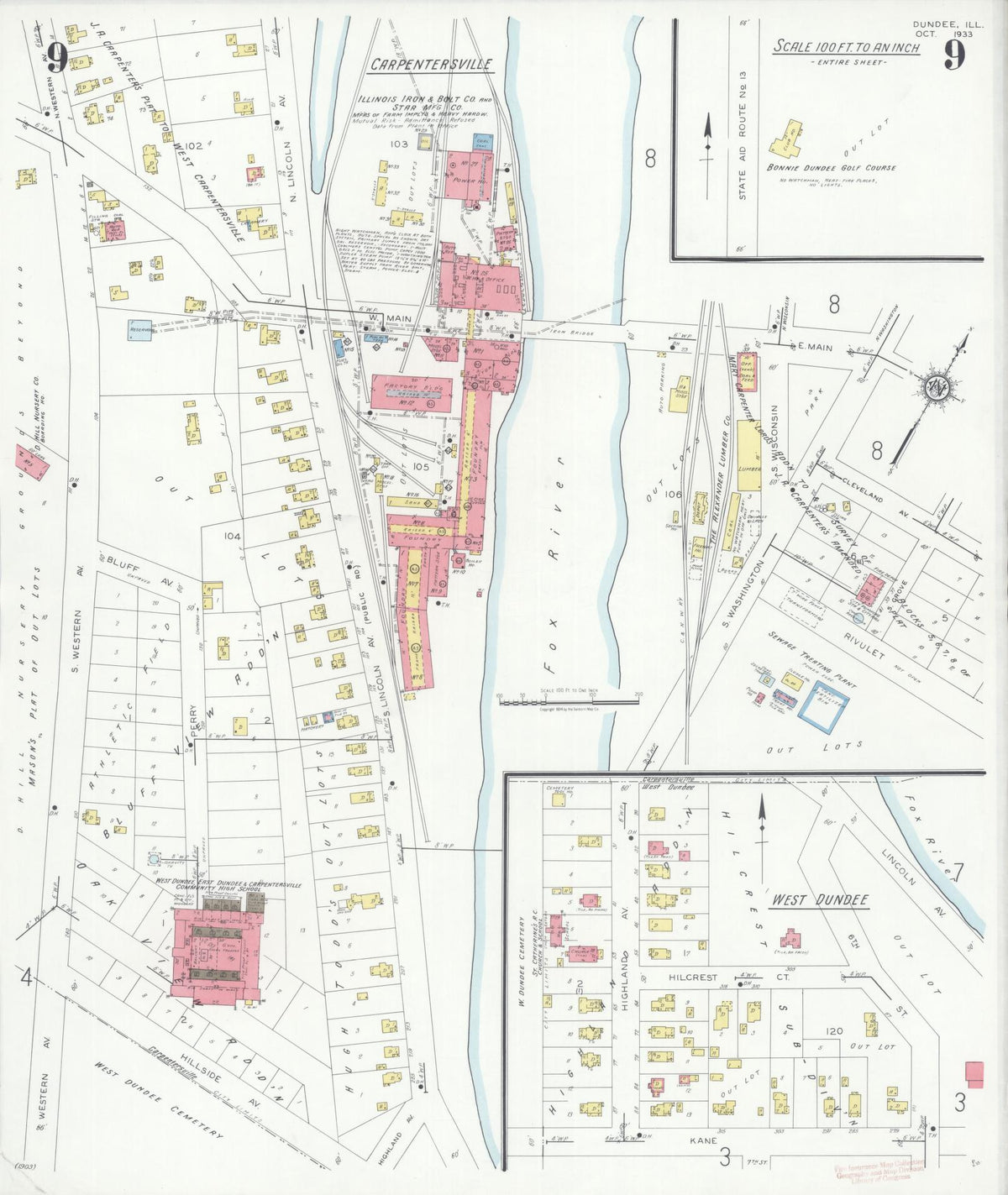 Sanborn Fire Insurance Map from Dundee, Kane County, Illinois (1933), Sheet #0009 - Historic Sanborn Fire Insurance Map Print, vintage old map wall art, antique decor, genealogy gift, Illinois Illinois map