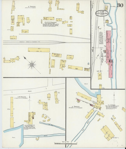 Sanborn Fire Insurance Map from Fitchburg, Worcester County, Massachusetts (1897), Sheet #0030 - Historic Sanborn Fire Insurance Map Print, vintage old map wall art, antique decor, genealogy gift, Massachusetts Massachusetts map