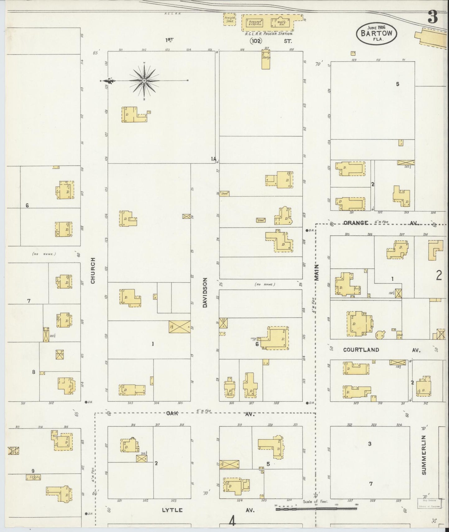 Sanborn Fire Insurance Map from Bartow, Polk County, Florida (1906), Sheet #0003 - Historic Sanborn Fire Insurance Map Print, vintage old map wall art, antique decor, genealogy gift, Florida Florida map