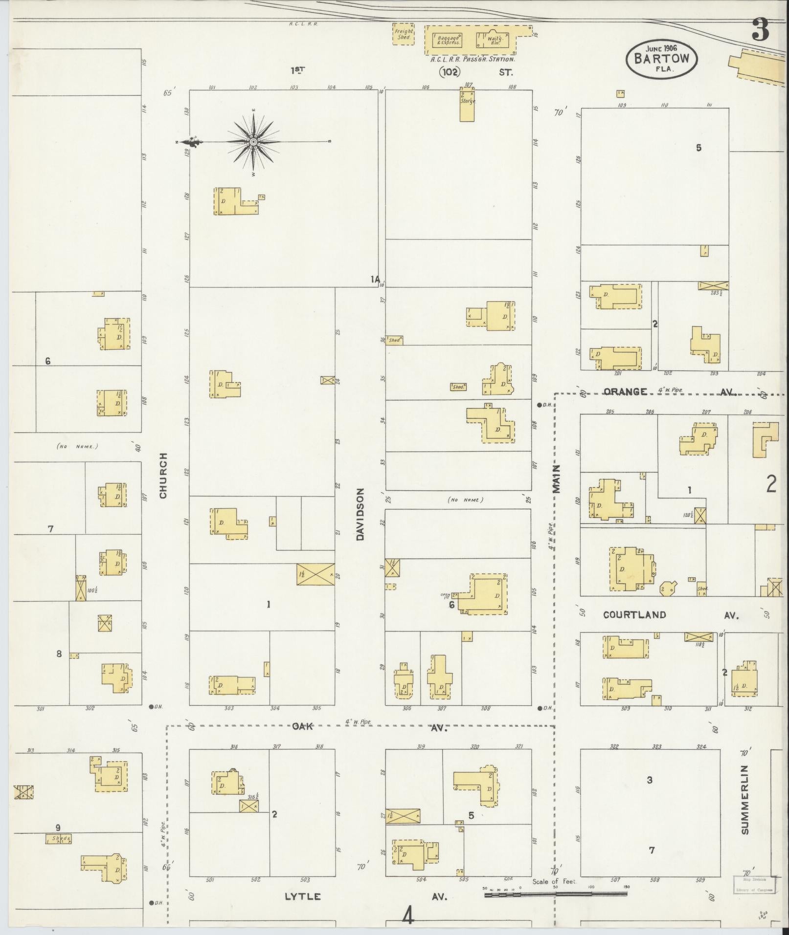Sanborn Fire Insurance Map from Bartow, Polk County, Florida (1906), Sheet #0003 - Historic Sanborn Fire Insurance Map Print, vintage old map wall art, antique decor, genealogy gift, Florida Florida map