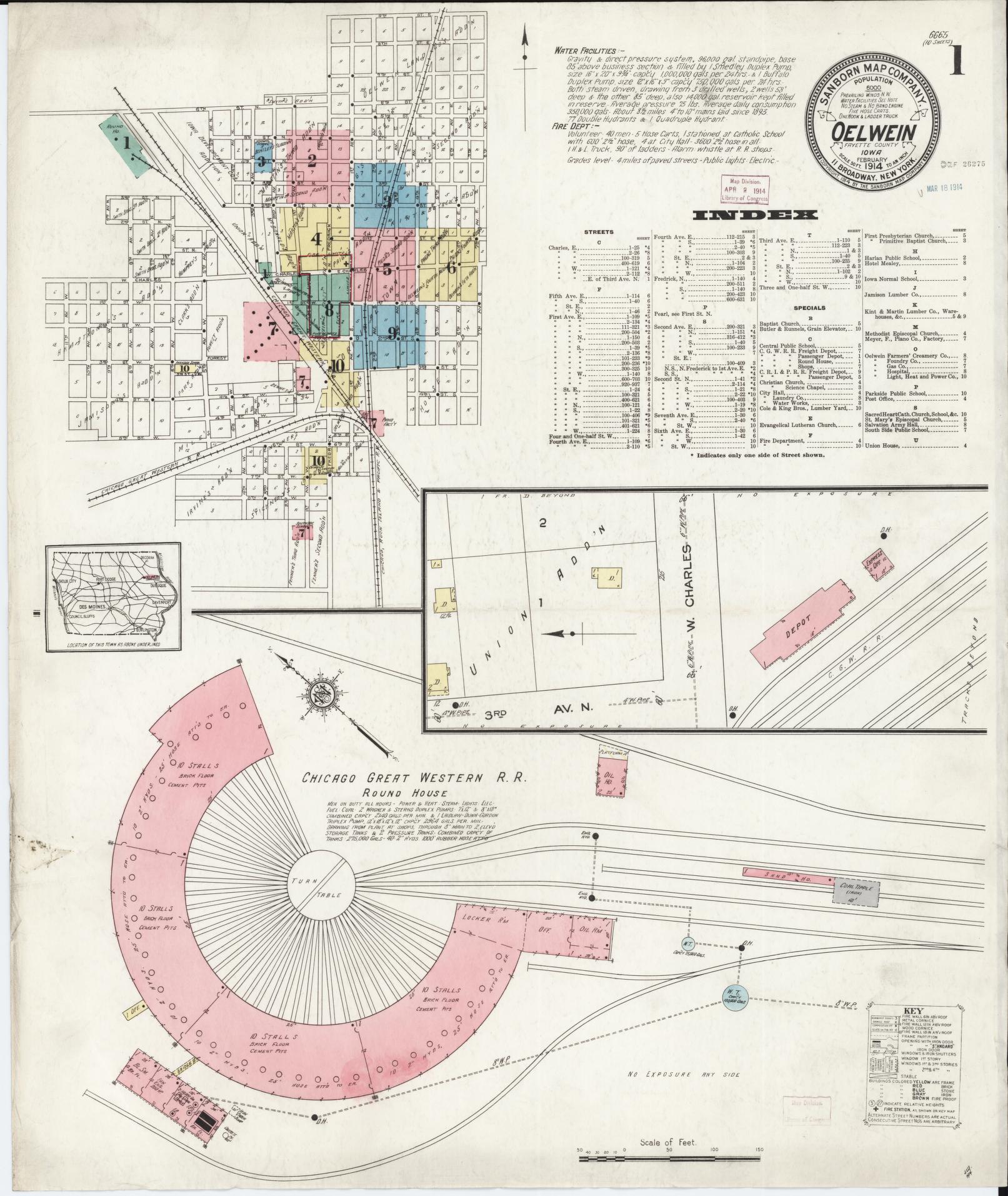Sanborn Fire Insurance Map from Oelwein, Fayette County, Iowa (1914), Sheet #0001 - Historic Sanborn Fire Insurance Map Print, vintage old map wall art