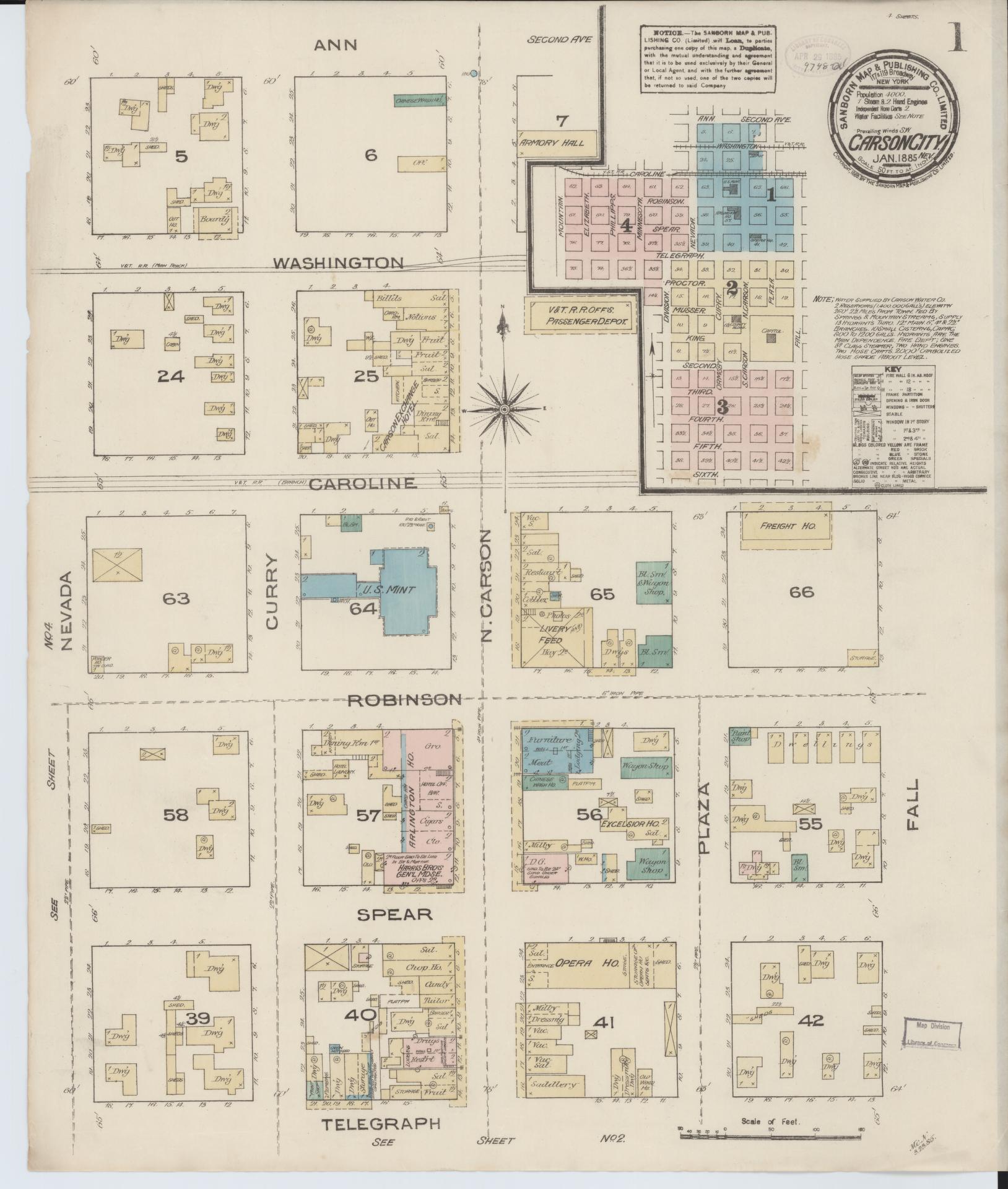 Sanborn Fire Insurance Map from Carson City, Carson City County, Nevada (1885), Sheet #0001 - Complete Map Set gallery image, historic Sanborn map, vintage wall art, Nevada Nevada