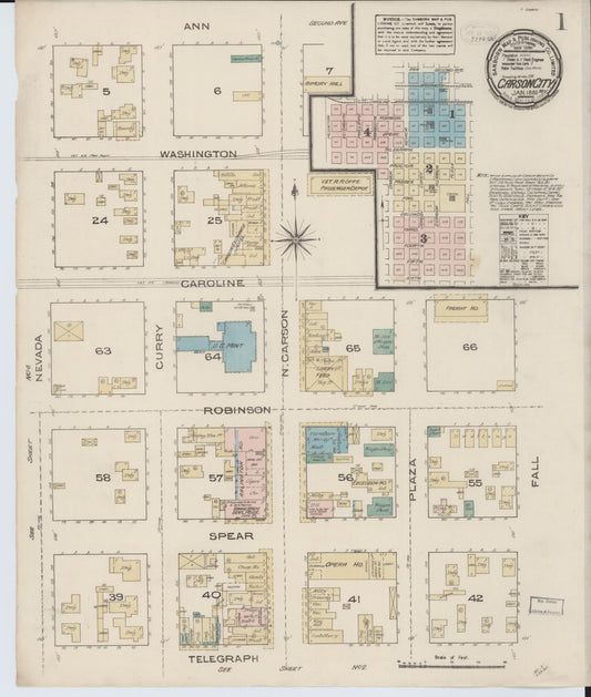 Sanborn Fire Insurance Map from Carson City, Carson City County, Nevada (1885), Sheet #0001 - Complete Map Set gallery image, historic Sanborn map, vintage wall art, Nevada Nevada