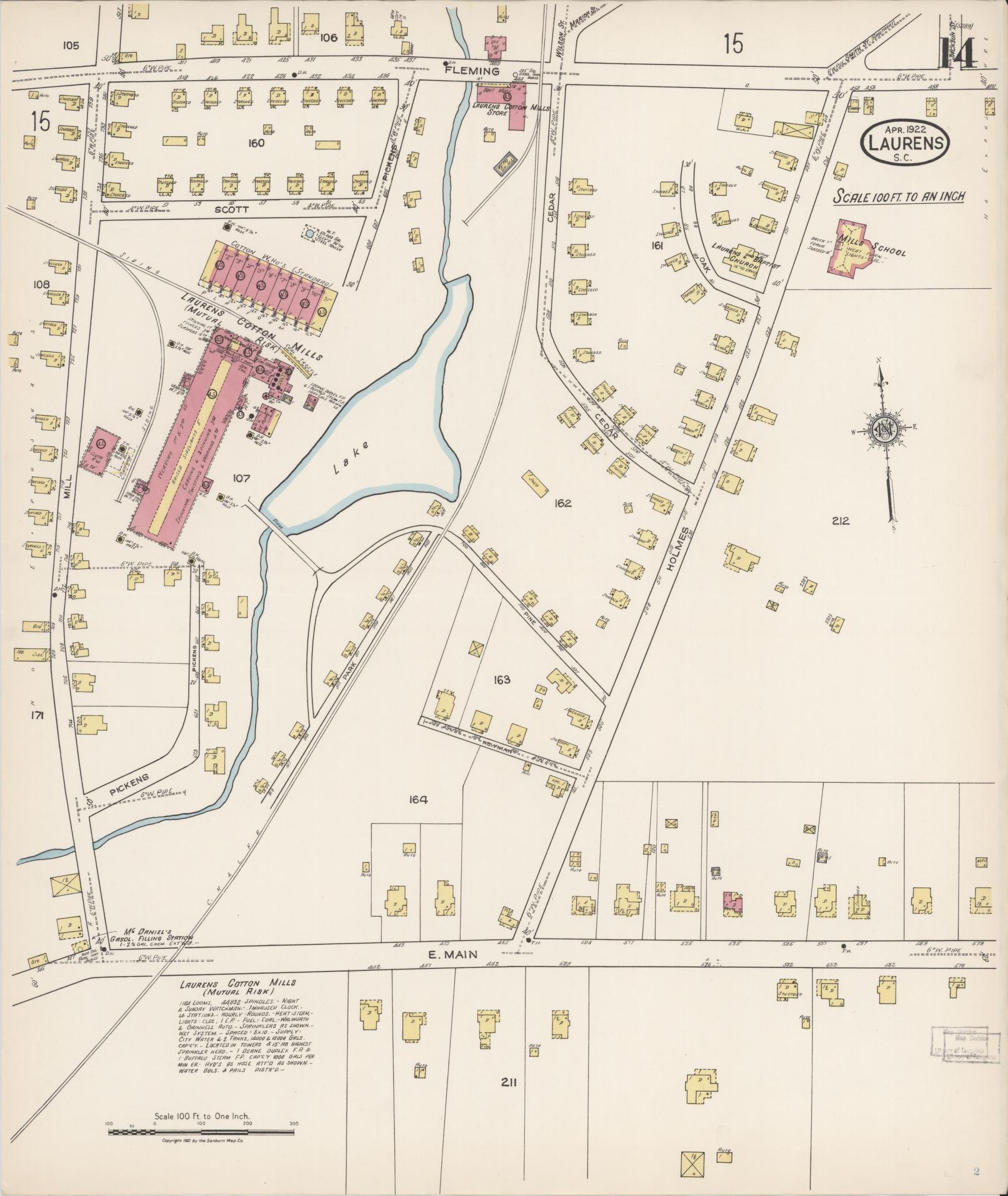 Sanborn Fire Insurance Map from Laurens, Laurens County, South Carolina (1922), Sheet #0014 - Historic Sanborn Fire Insurance Map Print, vintage old map wall art, antique decor, genealogy gift, South Carolina South Carolina map
