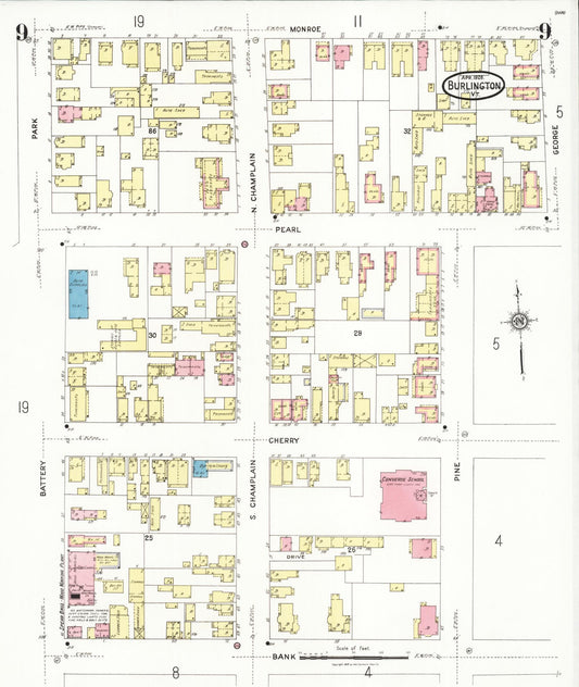 Sanborn Fire Insurance Map from Burlington, Chittenden County, Vermont (1926), Sheet #0009 - Historic Sanborn Fire Insurance Map Print, vintage old map wall art, antique decor, genealogy gift, Vermont Vermont map