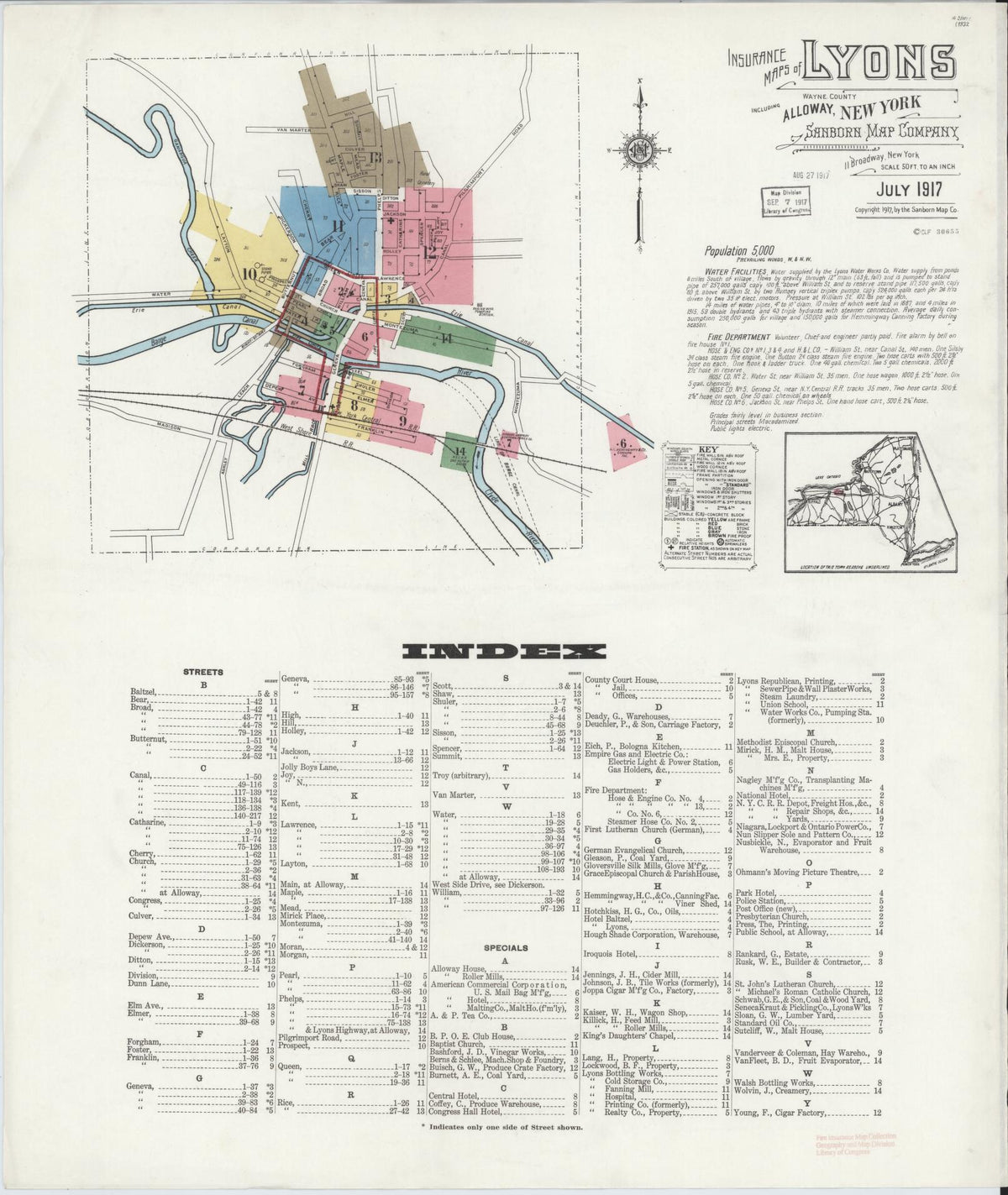Sanborn Fire Insurance Map from Lyons, Wayne County, New York (1917), Sheet #0001 - Complete Map Set gallery image, historic Sanborn map, vintage wall art, New York New York