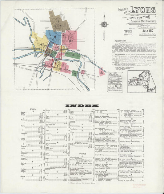 Sanborn Fire Insurance Map from Lyons, Wayne County, New York (1917), Sheet #0001 - Complete Map Set gallery image, historic Sanborn map, vintage wall art, New York New York