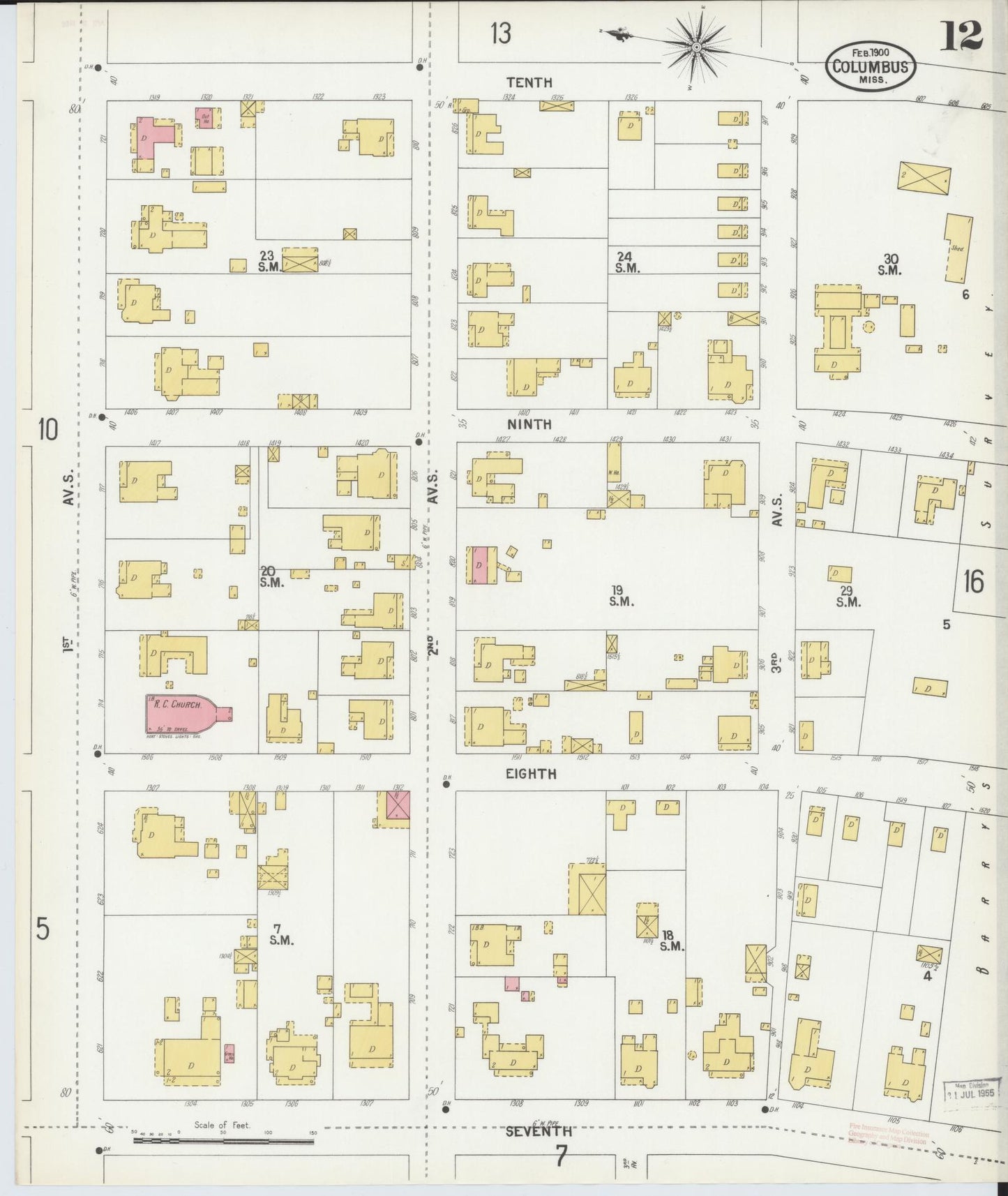 Sanborn Fire Insurance Map from Columbus, Lowndes County, Mississippi (1900), Sheet #0012 - Complete Map Set gallery image, historic Sanborn map, vintage wall art, Mississippi Mississippi
