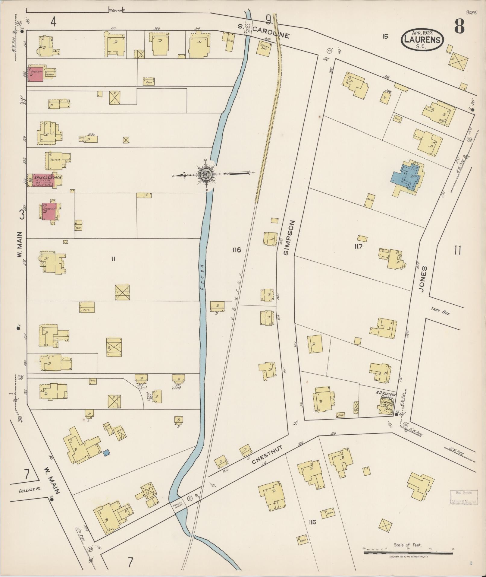 Sanborn Fire Insurance Map from Laurens, Laurens County, South Carolina (1922), Sheet #0008 - Historic Sanborn Fire Insurance Map Print, vintage old map wall art, antique decor, genealogy gift, South Carolina South Carolina map