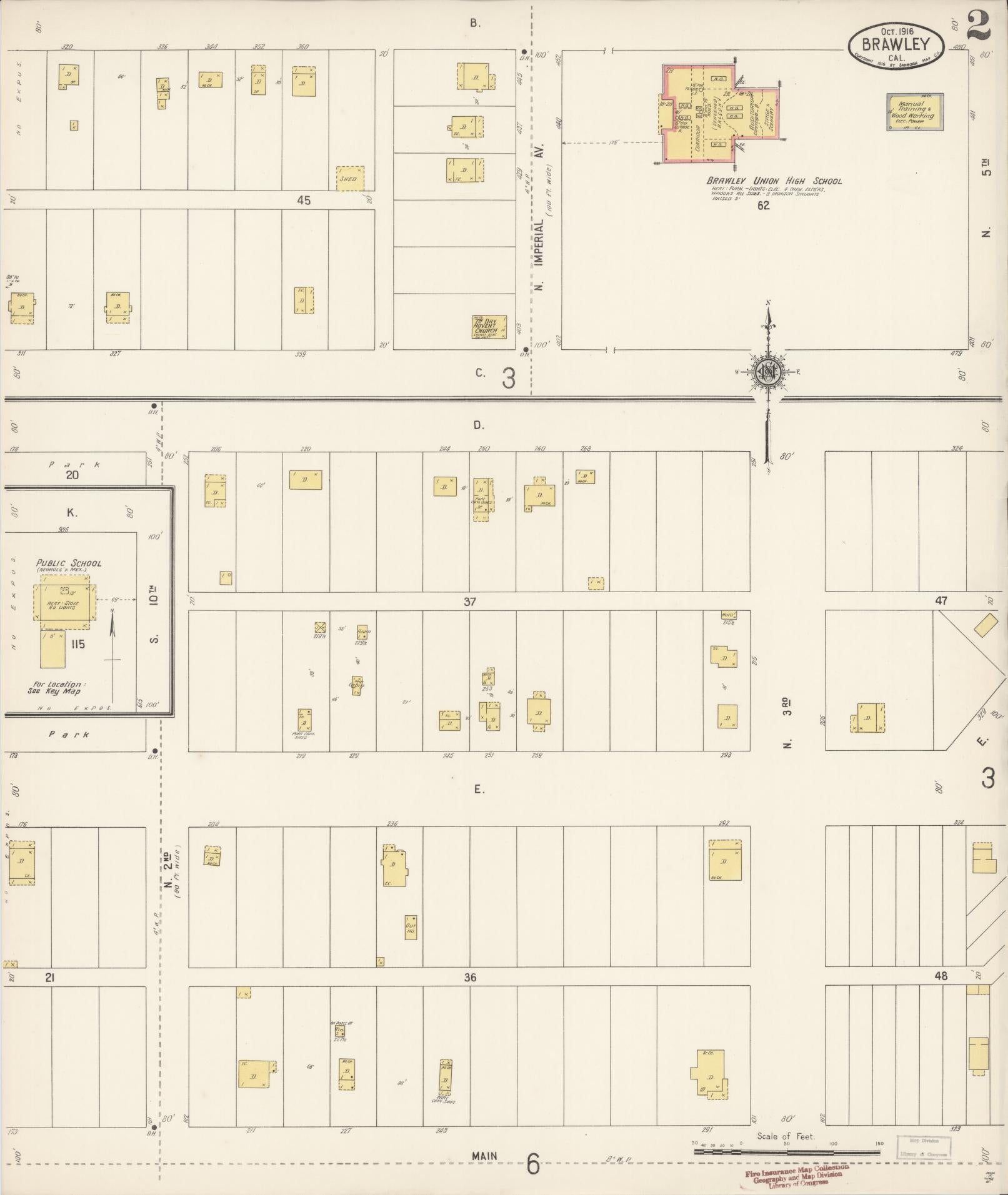 Sanborn Fire Insurance Map from Brawley, Imperial County, California (1916), Sheet #0002 - Historic Sanborn Fire Insurance Map Print, vintage old map wall art, antique decor, genealogy gift, California California map