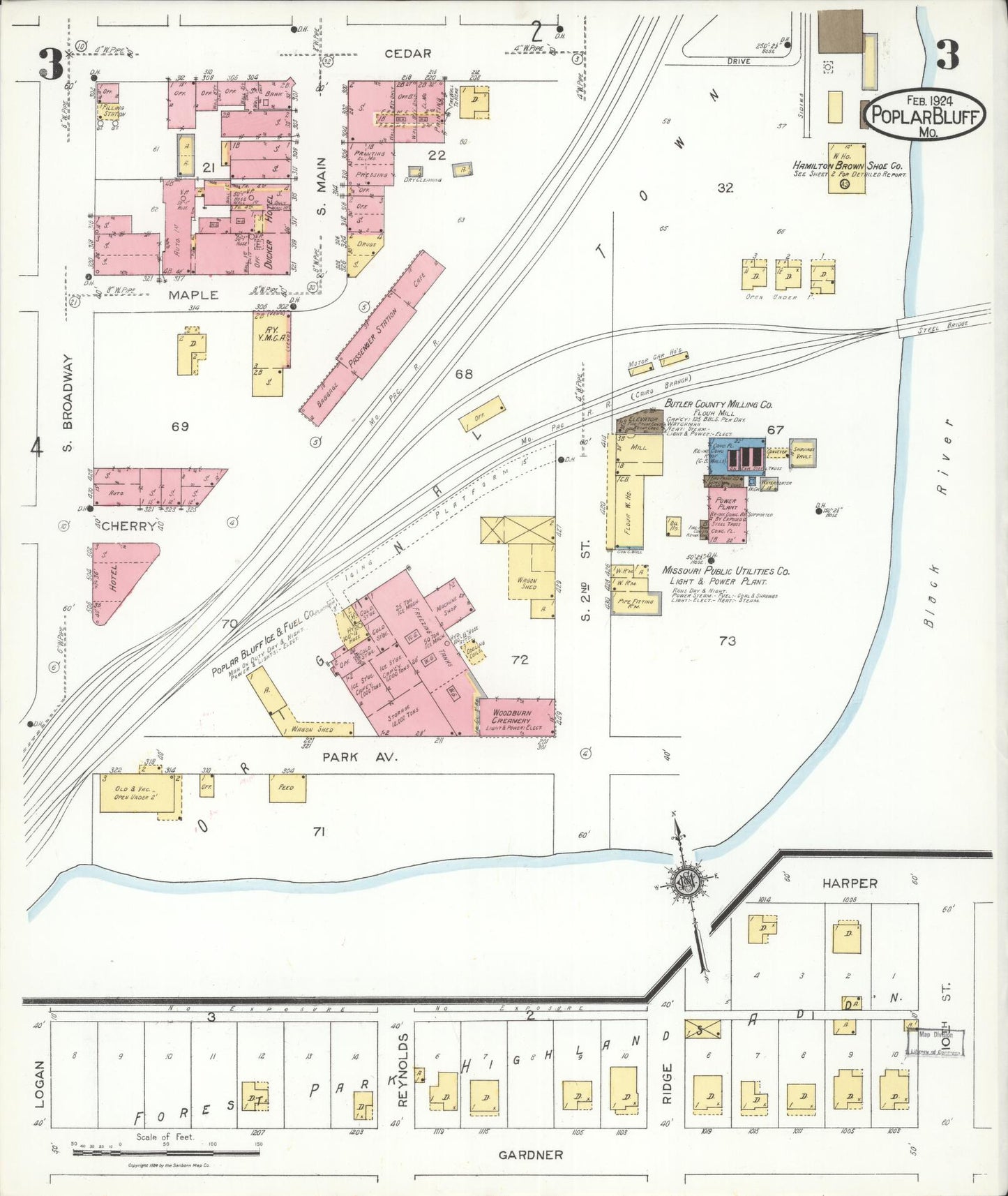 Sanborn Fire Insurance Map from Poplar Bluff, Butler County, Missouri (1924), Sheet #0003 - Historic Sanborn Fire Insurance Map Print, vintage old map wall art, antique decor, genealogy gift, Missouri Missouri map