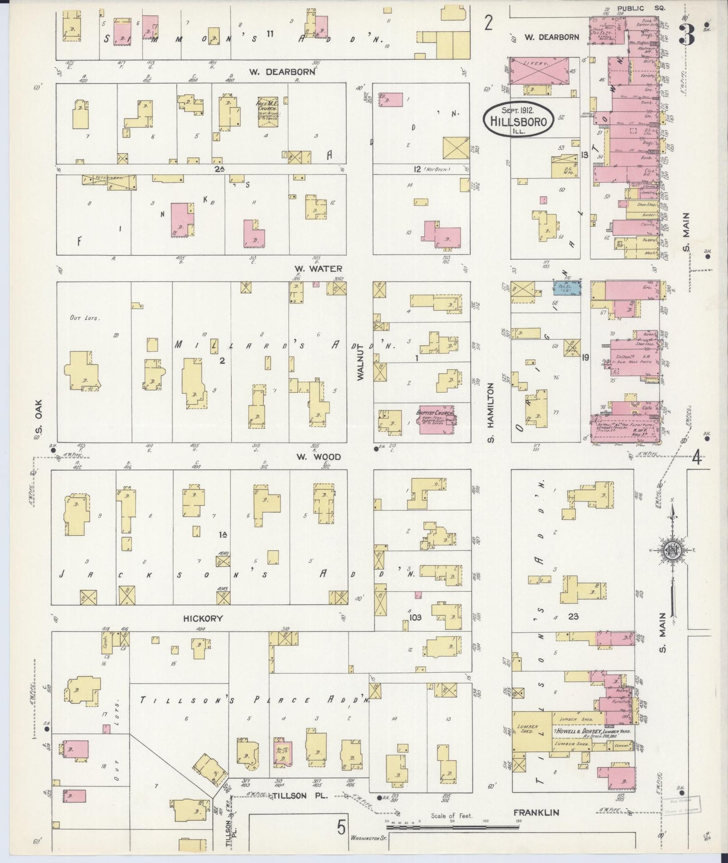 Sanborn Fire Insurance Map from Hillsboro, Montgomery County, Illinois (1912), Sheet #0003 - Complete Map Set gallery image, historic Sanborn map, vintage wall art, Illinois Illinois