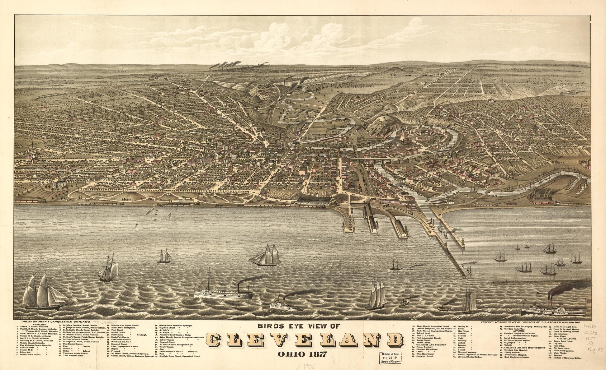 Birds eye view of Cleveland, Ohio 1877. (1877) – Historic Bird’s-Eye View Panorama Print
