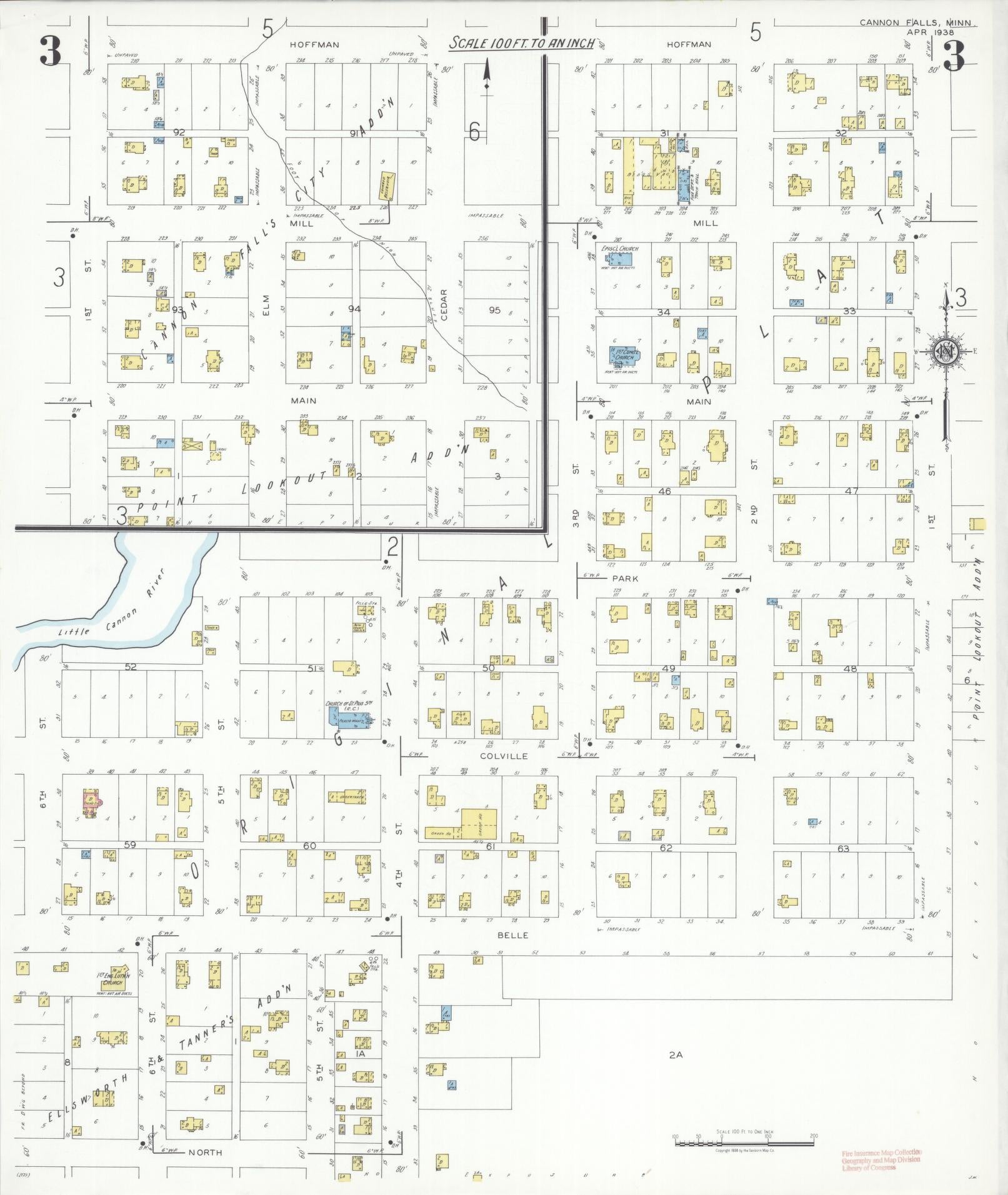 Sanborn Fire Insurance Map from Cannon Falls, Goodhue County, Minnesota (1938), Sheet #0003 - Historic Sanborn Fire Insurance Map Print, vintage old map wall art, antique decor, genealogy gift, Minnesota Minnesota map