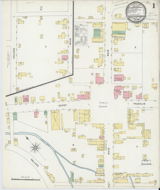 Sanborn Fire Insurance Map from Christiansburg, Montgomery County, Virginia (1896), Sheet #0001 - Historic Sanborn Fire Insurance Map Print, vintage old map wall art, antique decor, genealogy gift, Virginia Virginia map