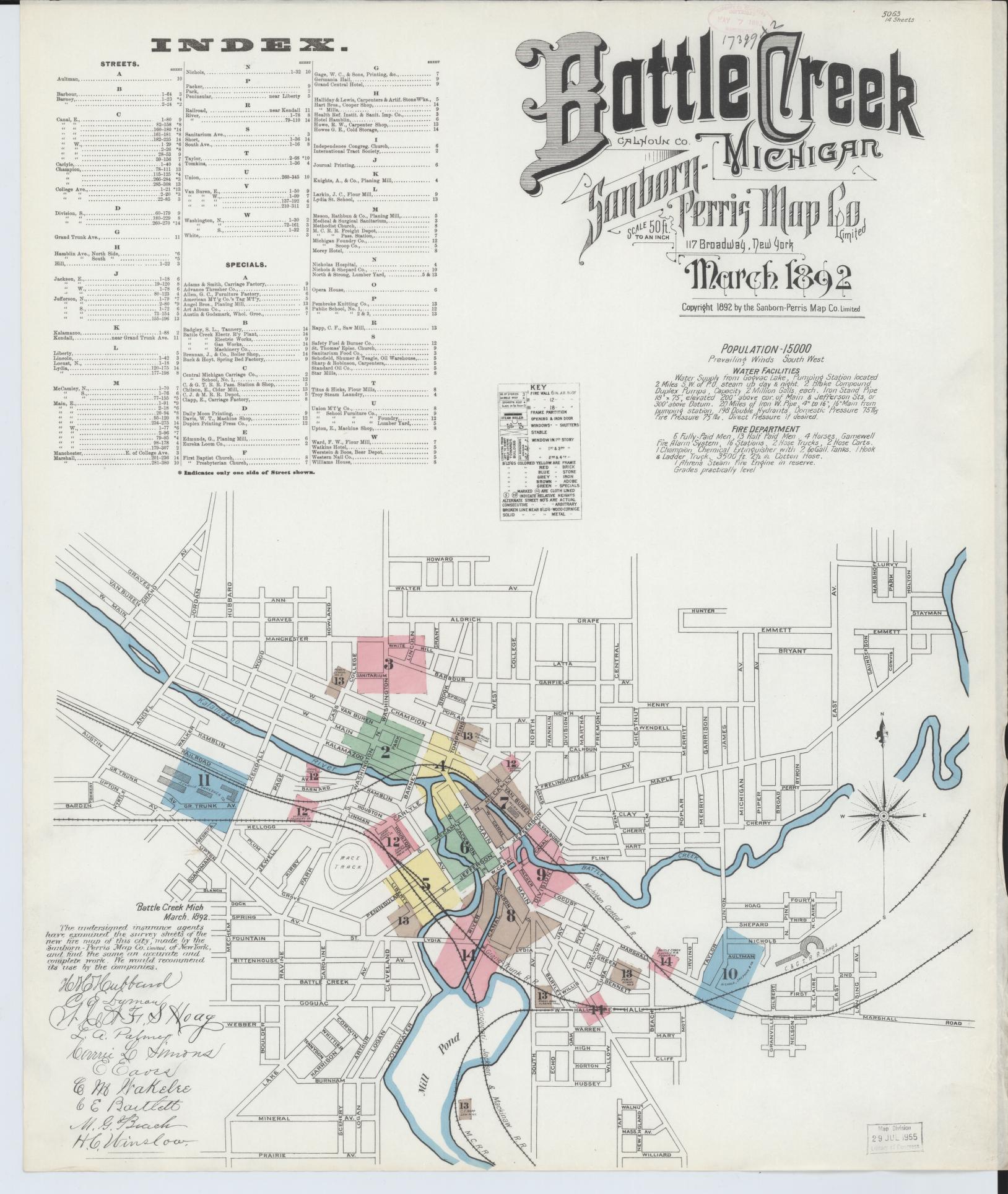Sanborn Fire Insurance Map from Battle Creek, Calhoun County, Michigan (1892), Sheet #0001 - Historic Sanborn Fire Insurance Map Print, vintage old map wall art, antique decor, genealogy gift, Michigan Michigan map