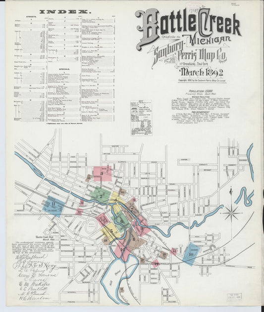 Sanborn Fire Insurance Map from Battle Creek, Calhoun County, Michigan (1892), Sheet #0001 - Historic Sanborn Fire Insurance Map Print, vintage old map wall art, antique decor, genealogy gift, Michigan Michigan map