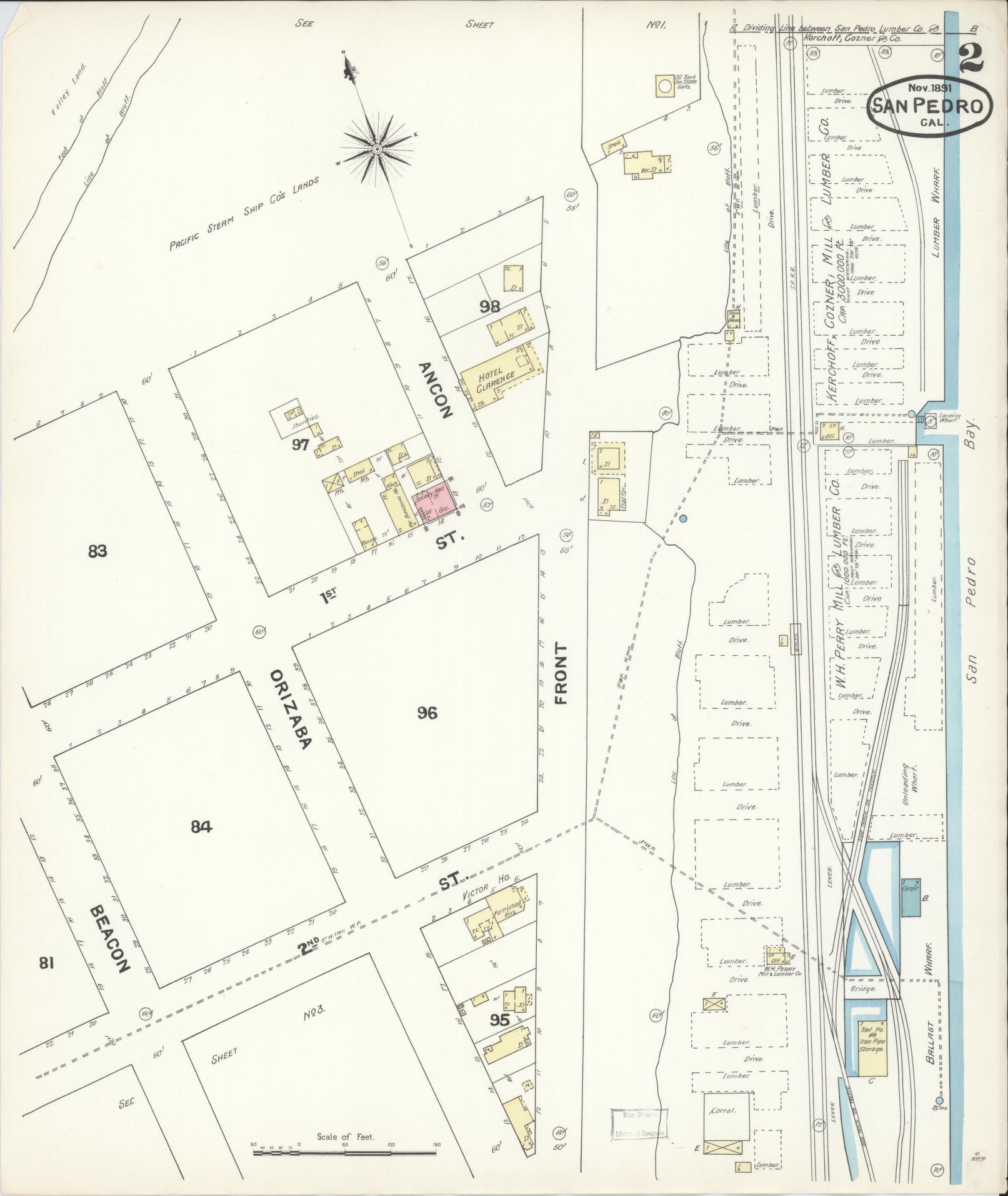 Sanborn Fire Insurance Map from San Pedro, Los Angeles County, California (1891), Sheet #0002 - Complete Map Set gallery image, historic Sanborn map, vintage wall art, California California